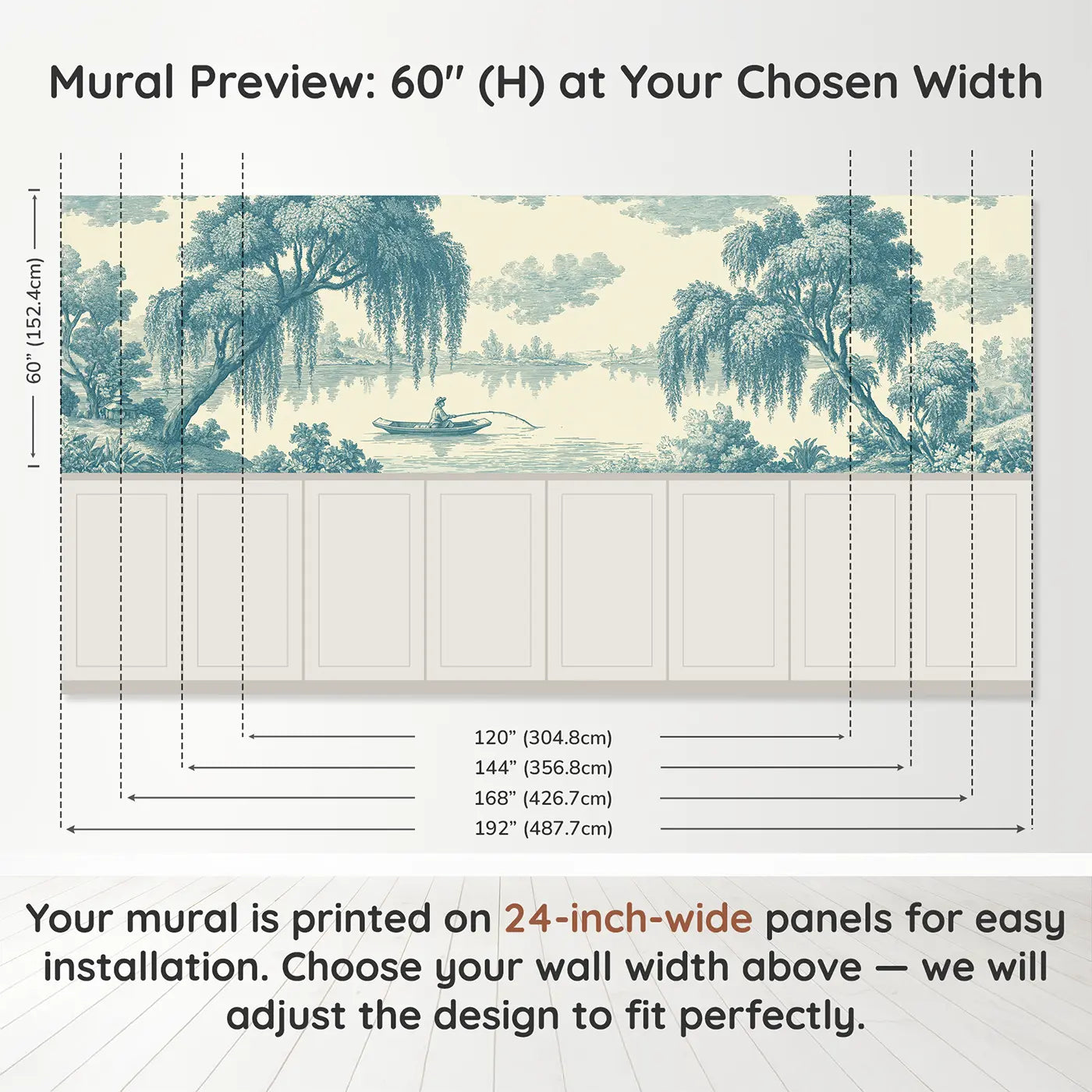 Panel dimensions for Boat Lake Fishing Blue Toile Wainscoting Wallpaper by Whimsy Tots
