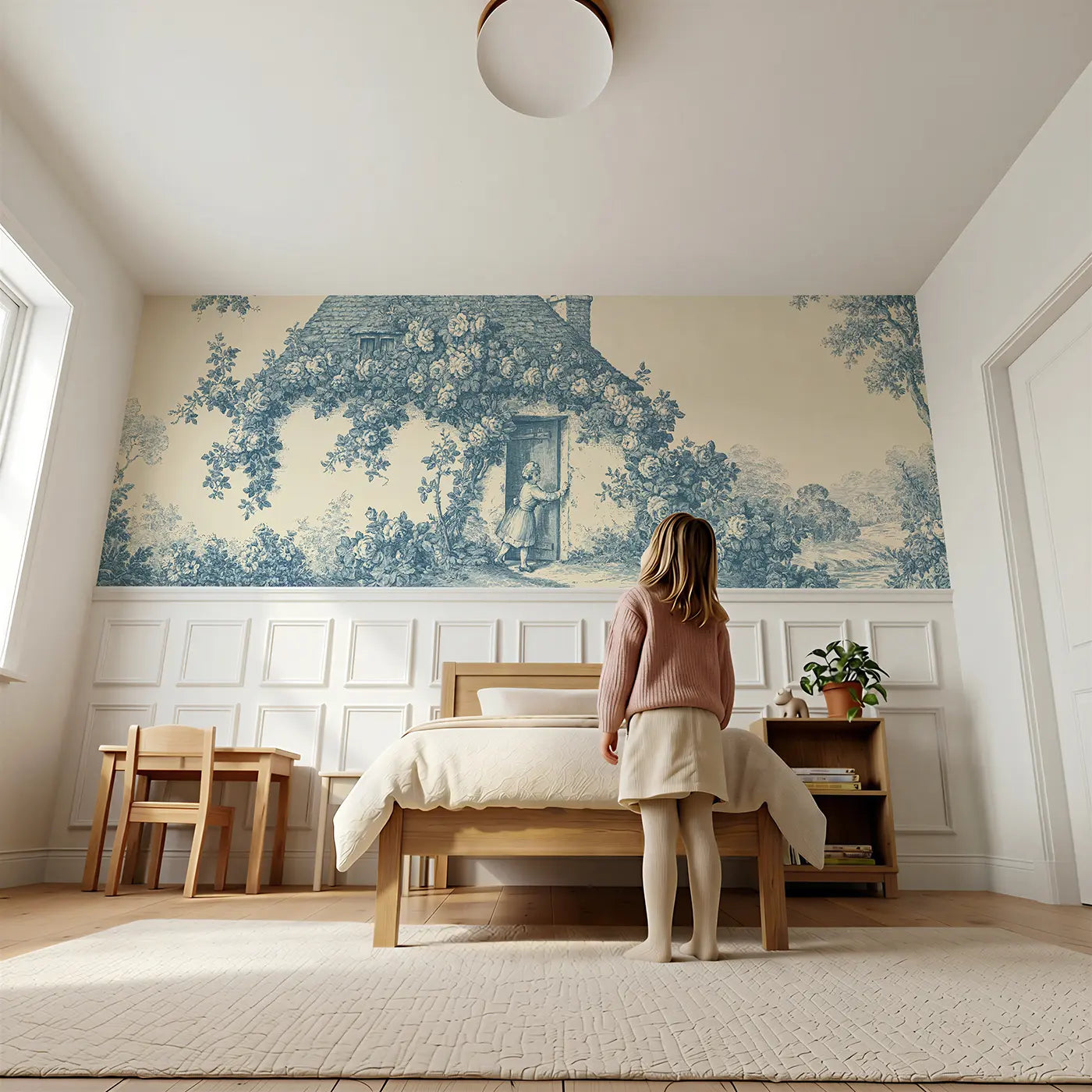 Child reading near Cottage Door Roses Blue Toile Wainscoting Wallpaper by Whimsy Tots