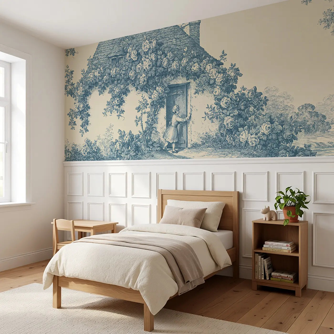 Cottage Door Roses Blue Toile Wainscoting Wallpaper styled in a kids bedroom by Whimsy Tots