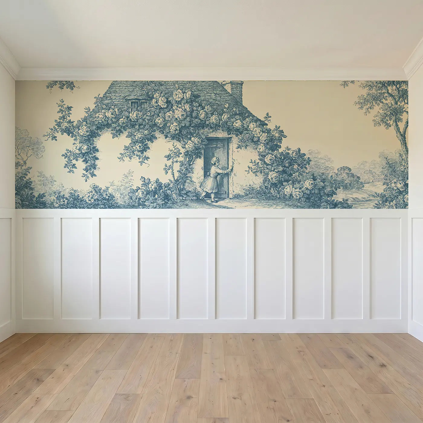 Full panel view of Cottage Door Roses Blue Toile Wainscoting Wallpaper by Whimsy Tots