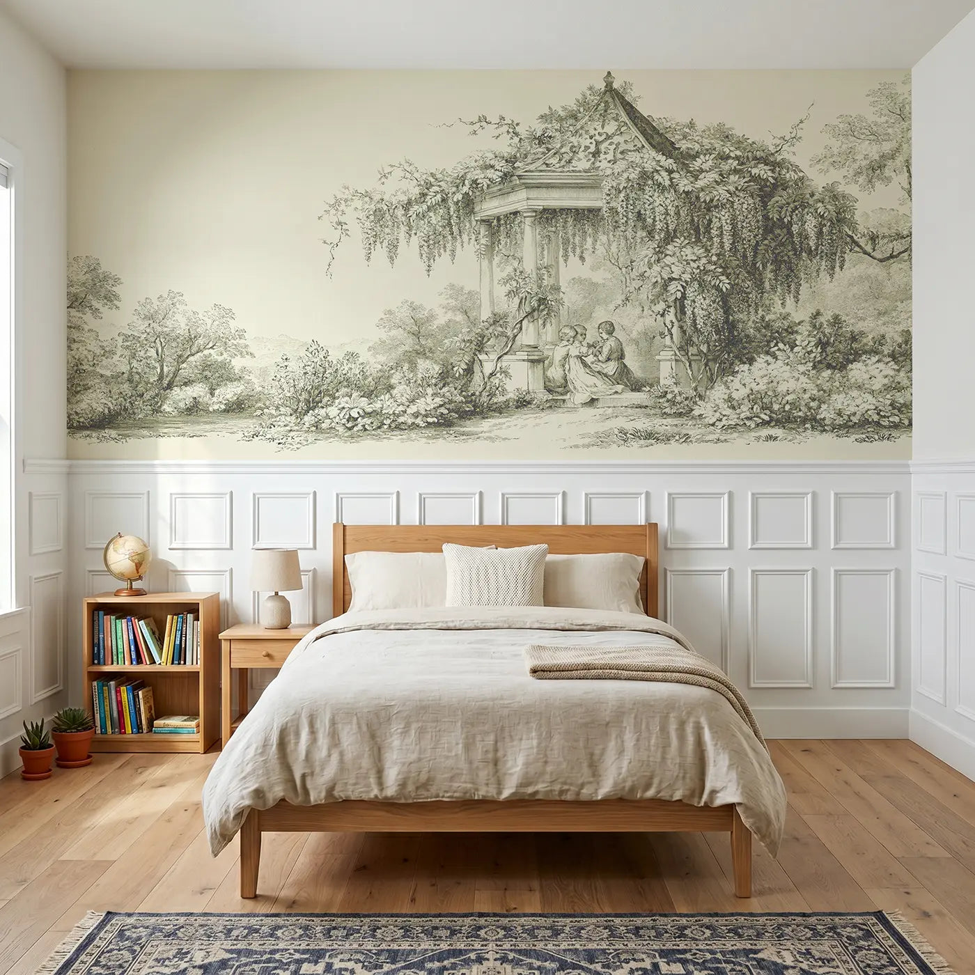 Botanical Elegance gazebo garden couple sepia toile wainscoting wallpaper for bedroom by Whimsy Tots.