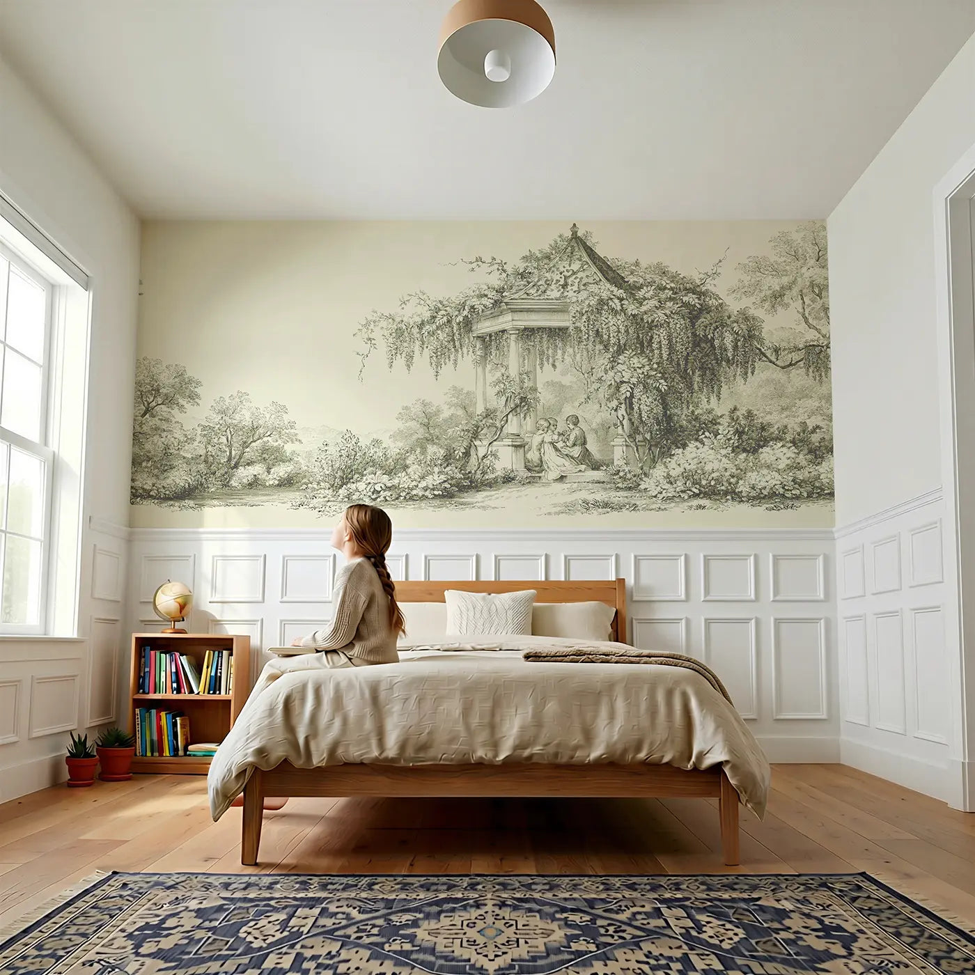 Child reading near Gazebo Garden Couple Sepia Toile Wainscoting Wallpaper by Whimsy Tots