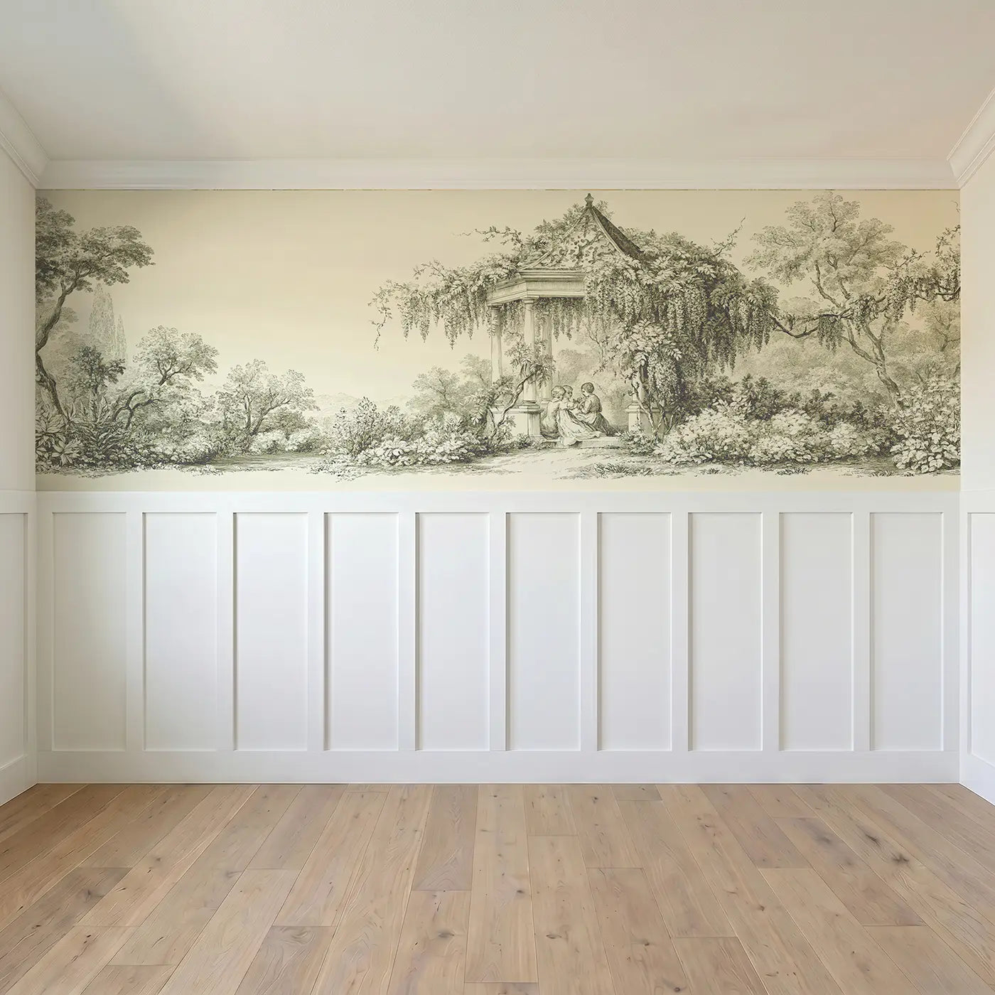 Full panel view of Gazebo Garden Couple Sepia Toile Wainscoting Wallpaper by Whimsy Tots