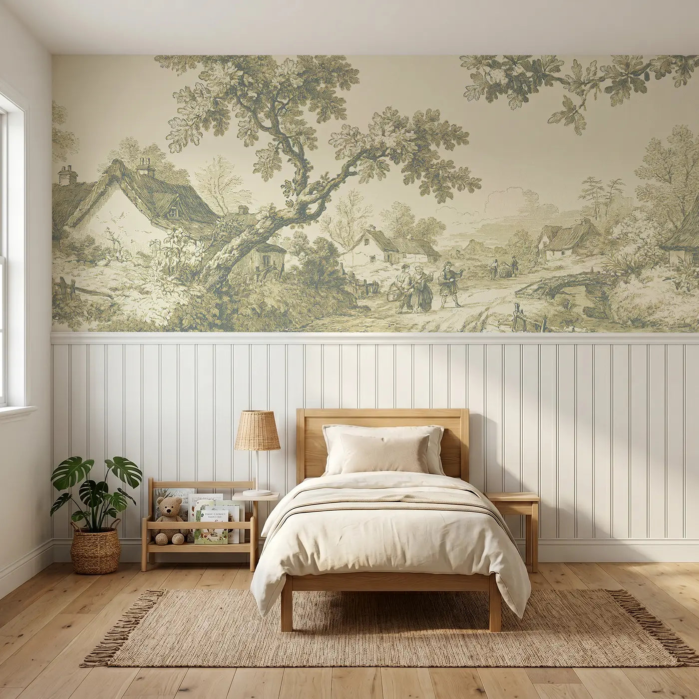 Botanical Elegance village stroll sepia toile wainscoting wallpaper for bedroom by Whimsy Tots.