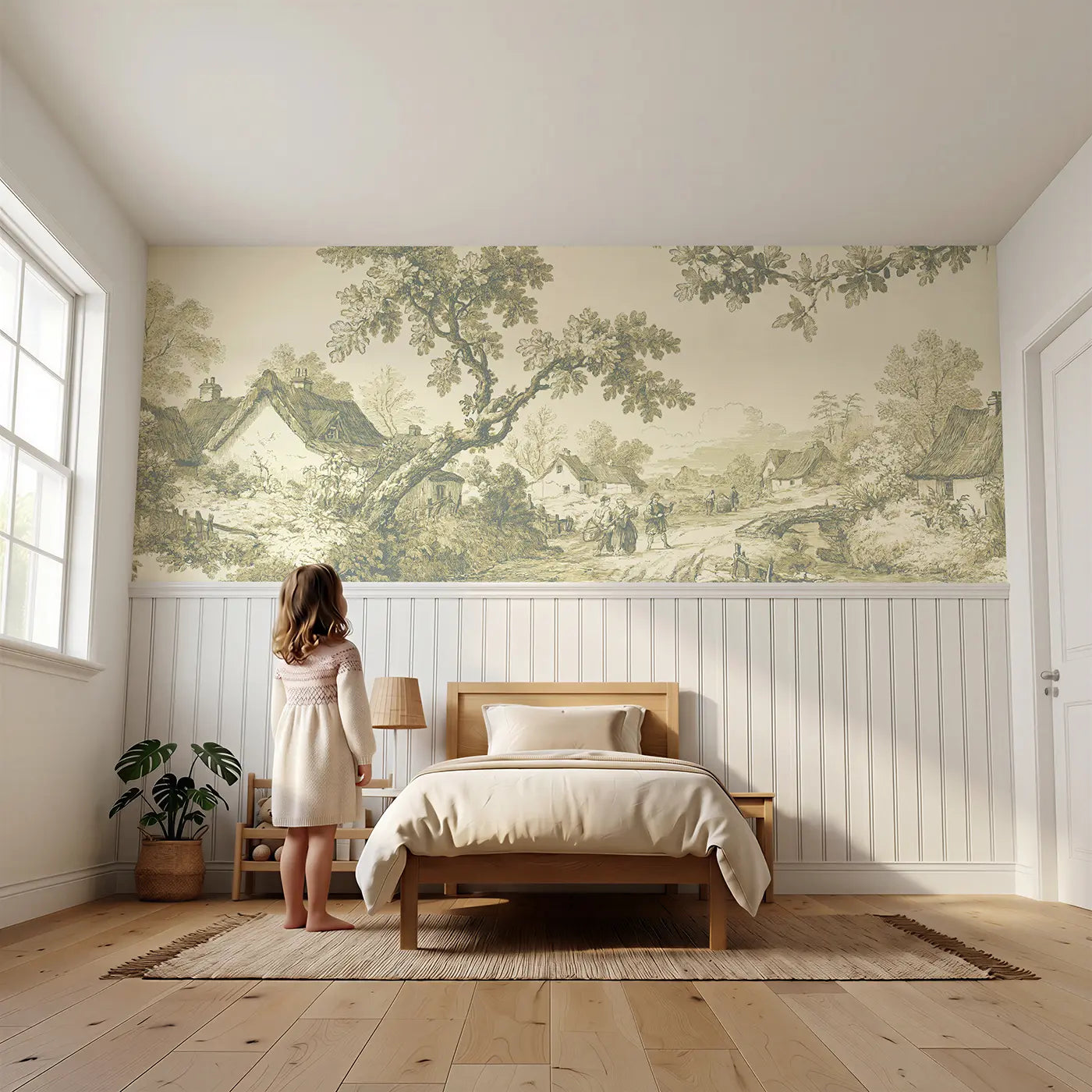 Child reading near Village Stroll Sepia Toile Wainscoting Wallpaper by Whimsy Tots