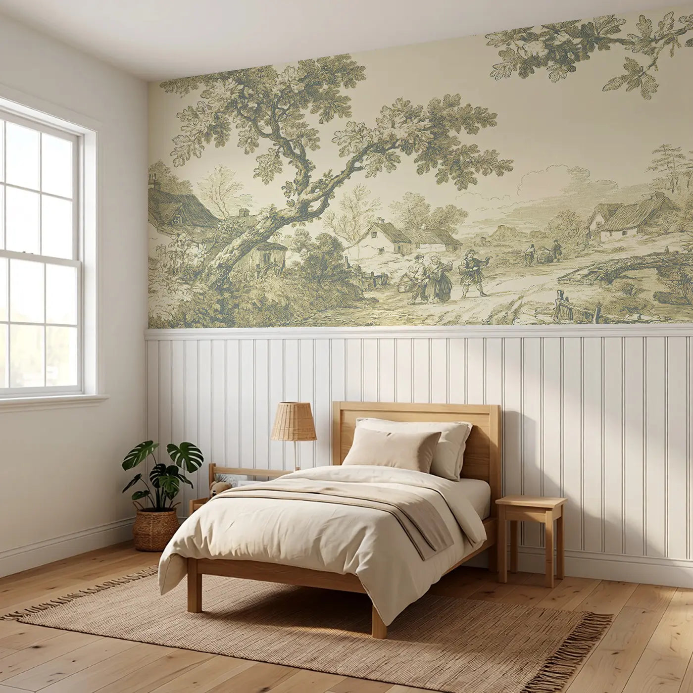 Village Stroll Sepia Toile Wainscoting Wallpaper styled in a kids bedroom by Whimsy Tots