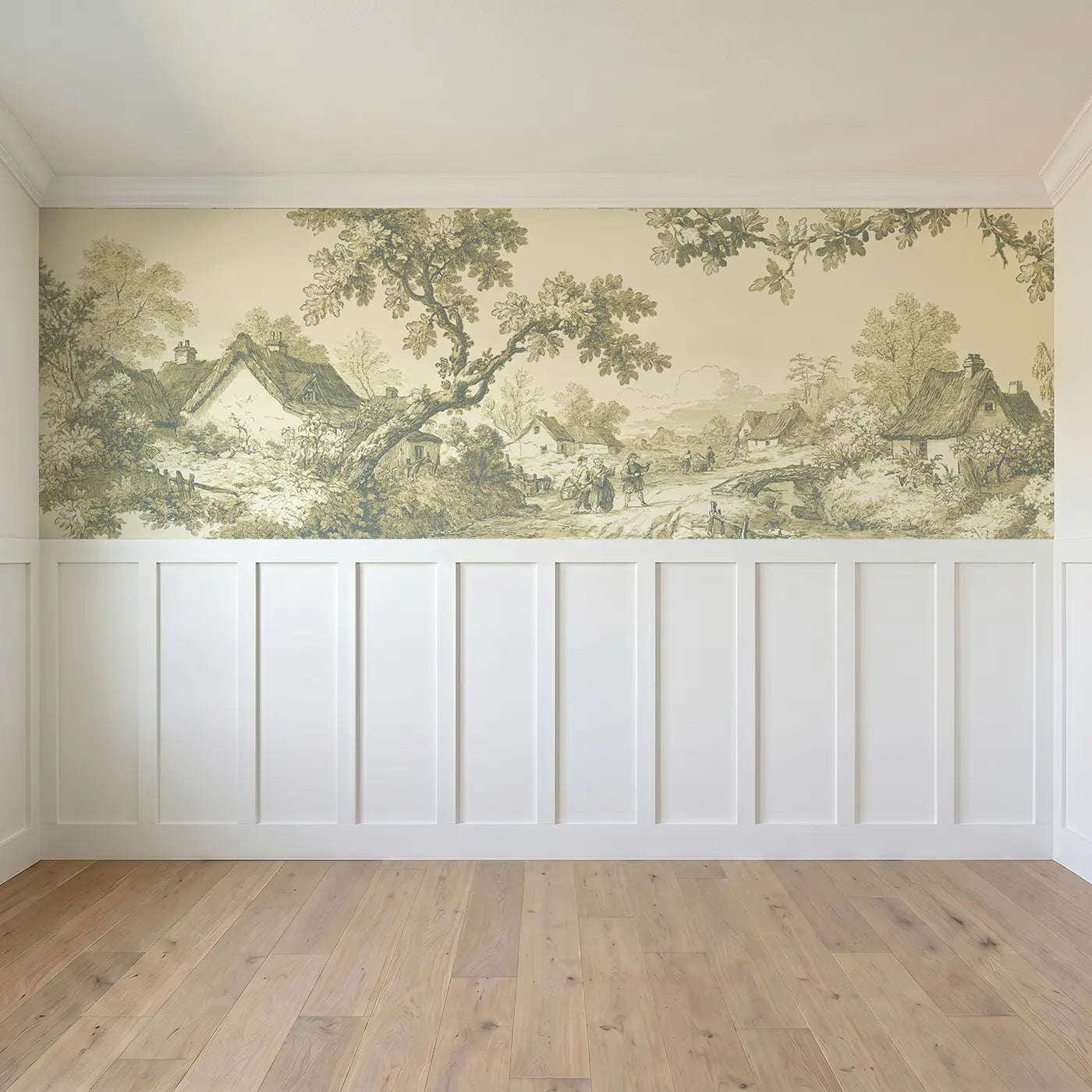Full panel view of Village Stroll Sepia Toile Wainscoting Wallpaper by Whimsy Tots