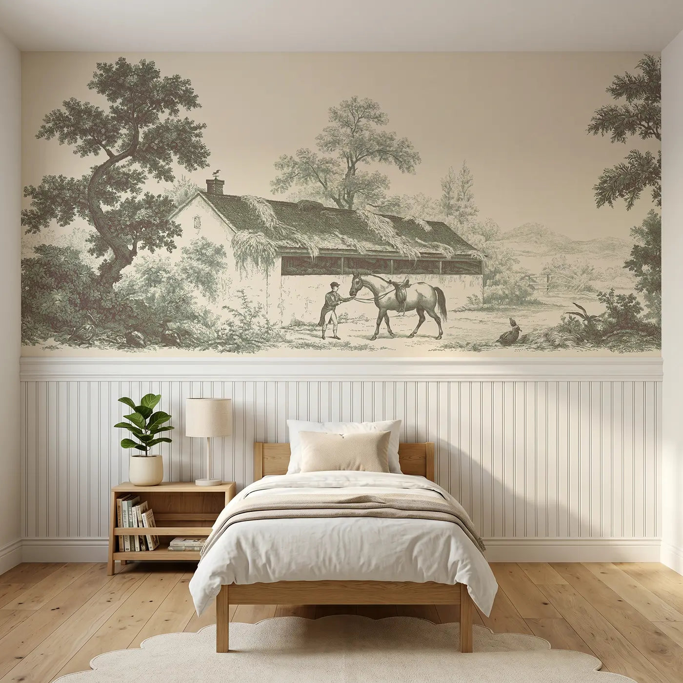 Botanical Elegance horse stable morning sepia toile wainscoting wallpaper for bedroom by Whimsy Tots.