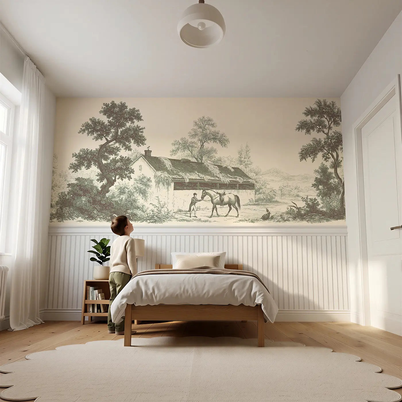 Child reading near Horse Stable Morning Sepia Wainscoting Wallpaper by Whimsy Tots