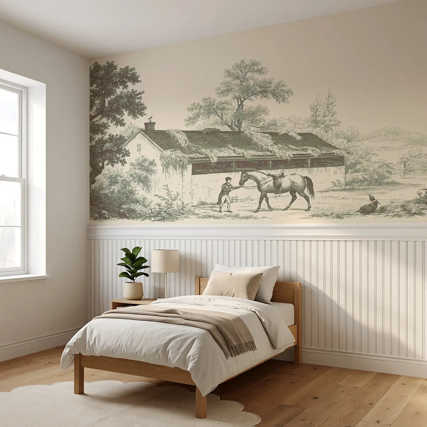 Horse Stable Morning Sepia Wainscoting Wallpaper styled in a kids bedroom by Whimsy Tots