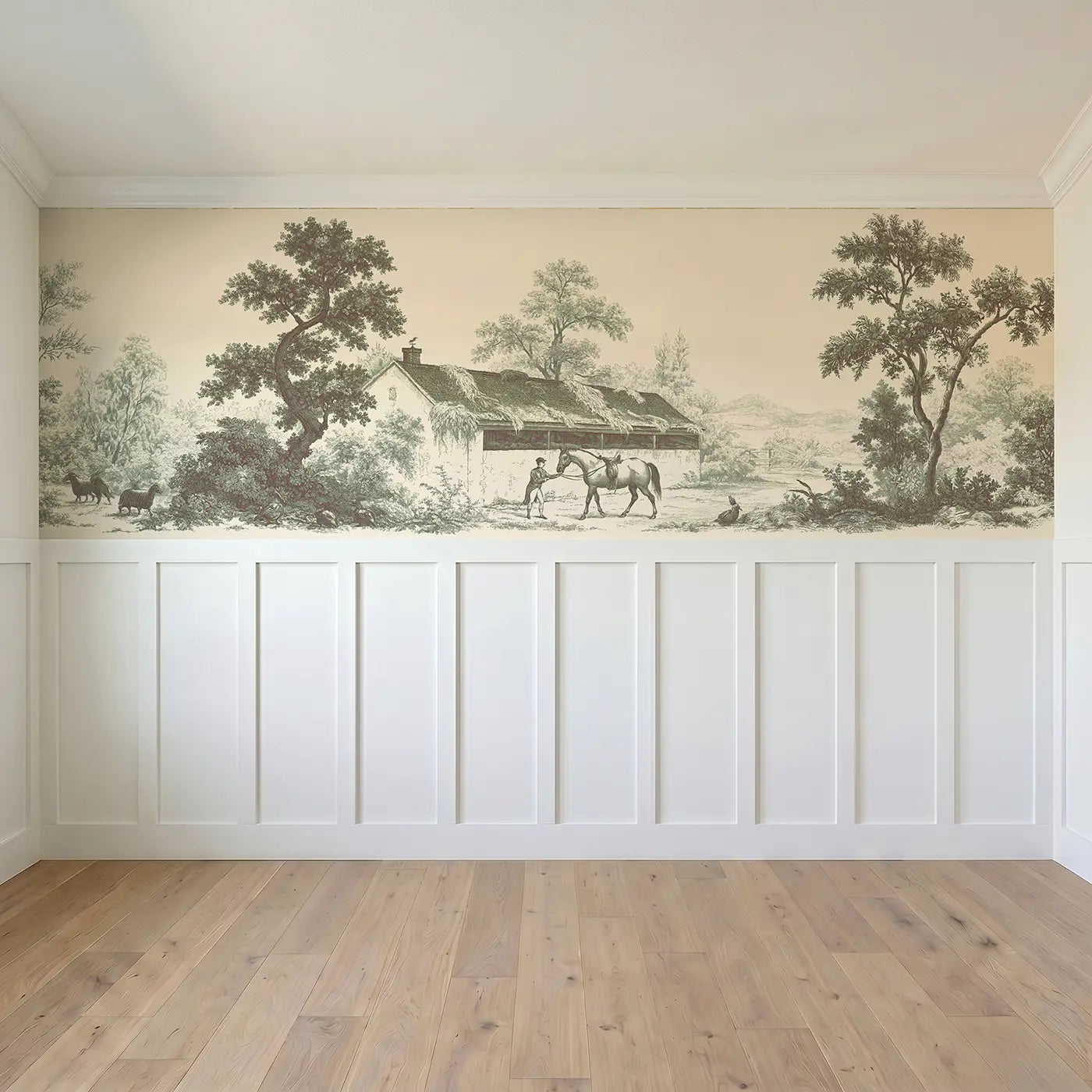 Full panel view of Horse Stable Morning Sepia Wainscoting Wallpaper by Whimsy Tots