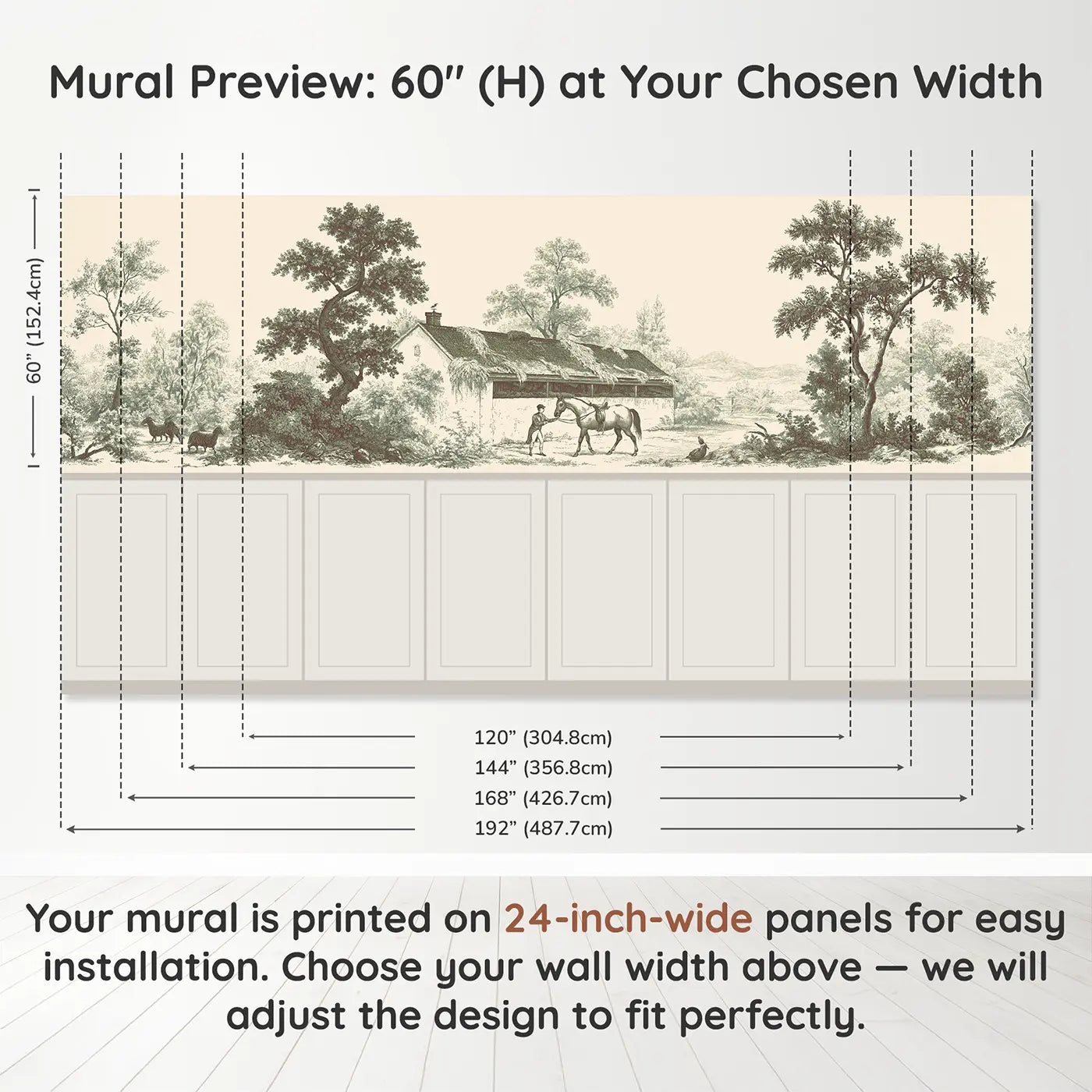Panel dimensions for Horse Stable Morning Sepia Wainscoting Wallpaper by Whimsy Tots