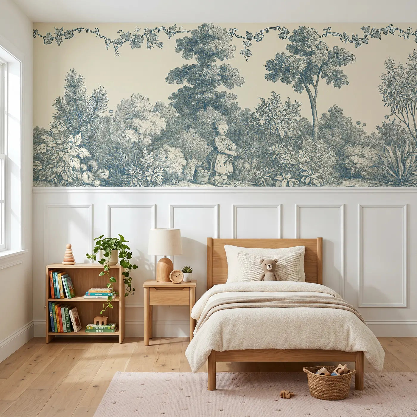 Botanical Elegance herb garden girl sepia toile wainscoting wallpaper for bedroom by Whimsy Tots.
