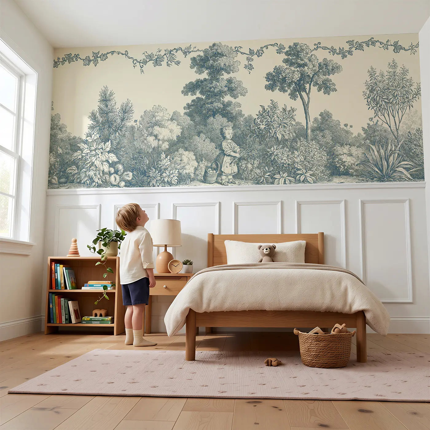Child reading near Herb Garden Girl Sepia Toile Wainscoting Wallpaper by Whimsy Tots