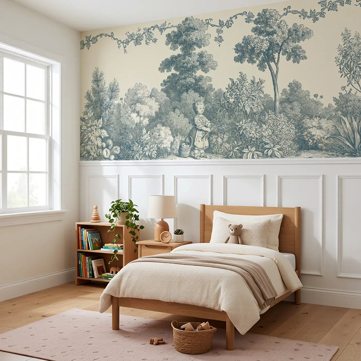 Herb Garden Girl Sepia Toile Wainscoting Wallpaper styled in a kids bedroom by Whimsy Tots