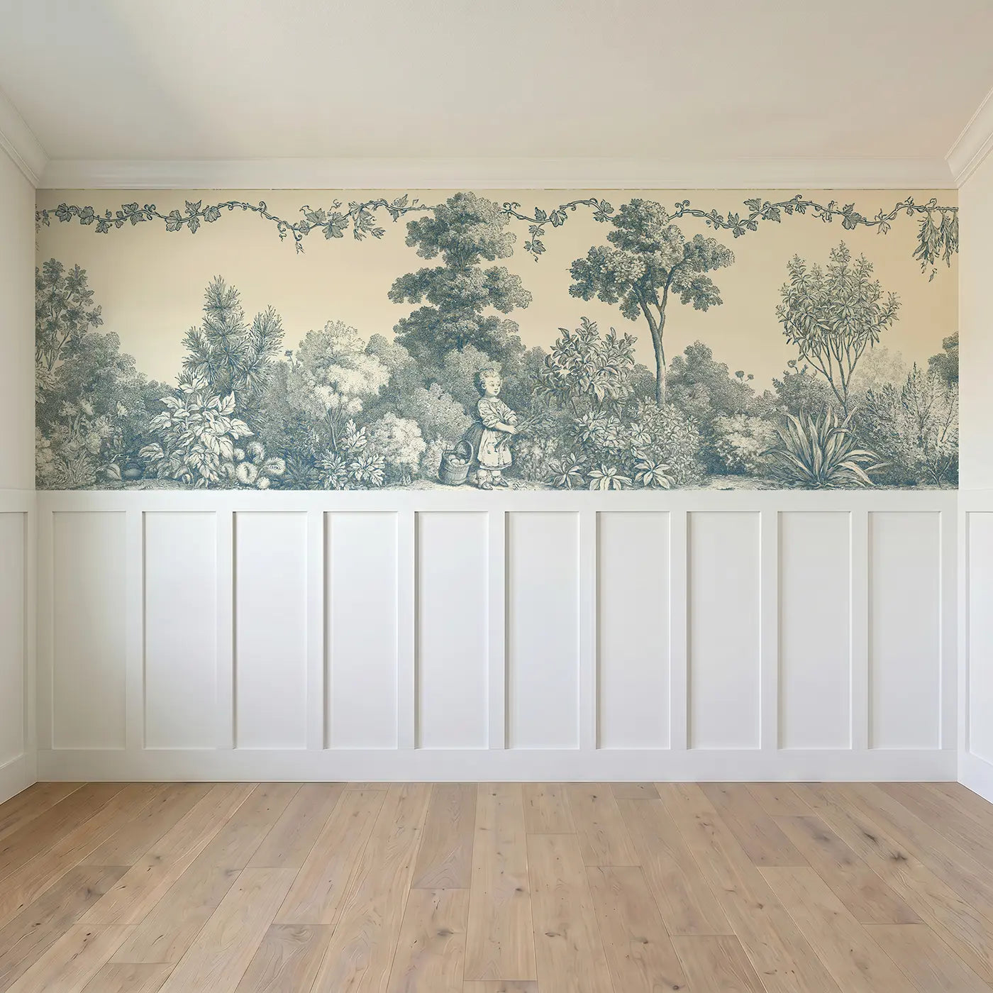 Full panel view of Herb Garden Girl Sepia Toile Wainscoting Wallpaper by Whimsy Tots