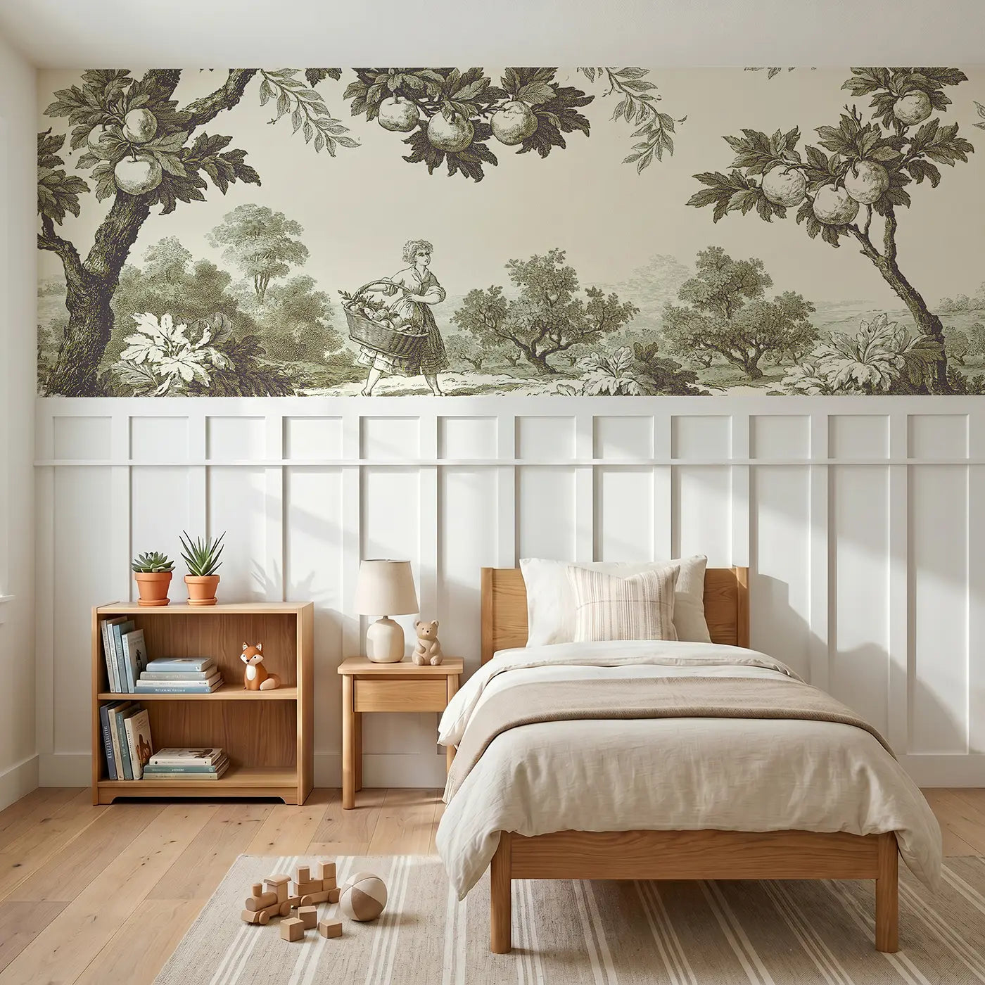 Botanical Elegance fruit basket woman sepia toile wainscoting wallpaper for bedroom by Whimsy Tots.
