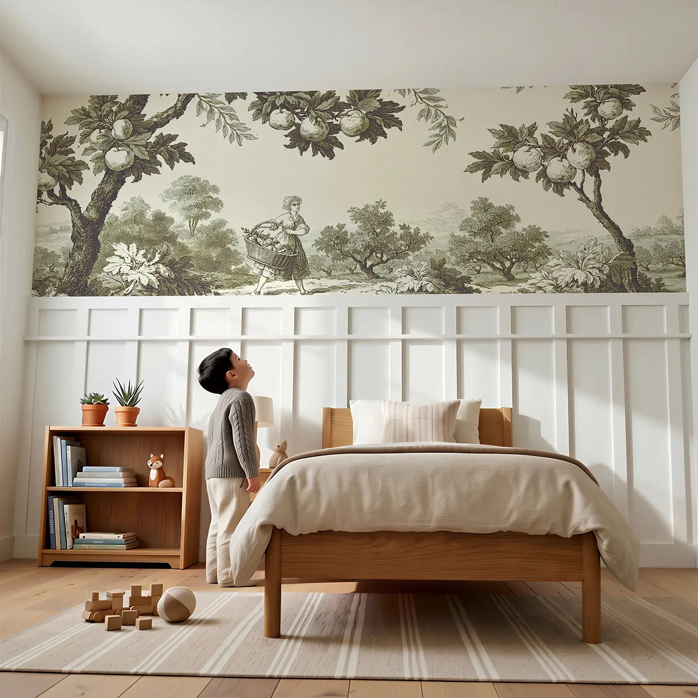 Child reading near Fruit Basket Woman Sepia Toile Wainscoting Wallpaper by Whimsy Tots