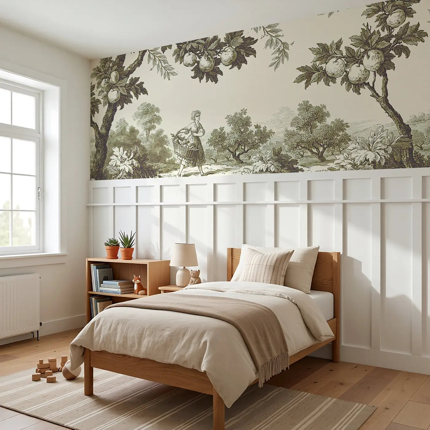 Fruit Basket Woman Sepia Toile Wainscoting Wallpaper styled in a kids bedroom by Whimsy Tots