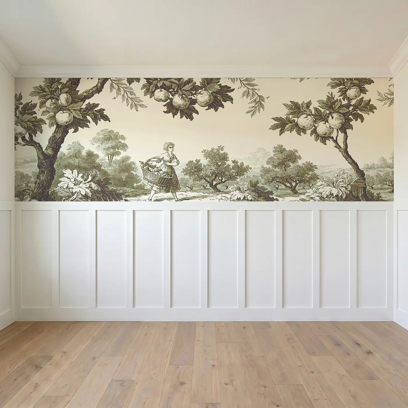 Full panel view of Fruit Basket Woman Sepia Toile Wainscoting Wallpaper by Whimsy Tots