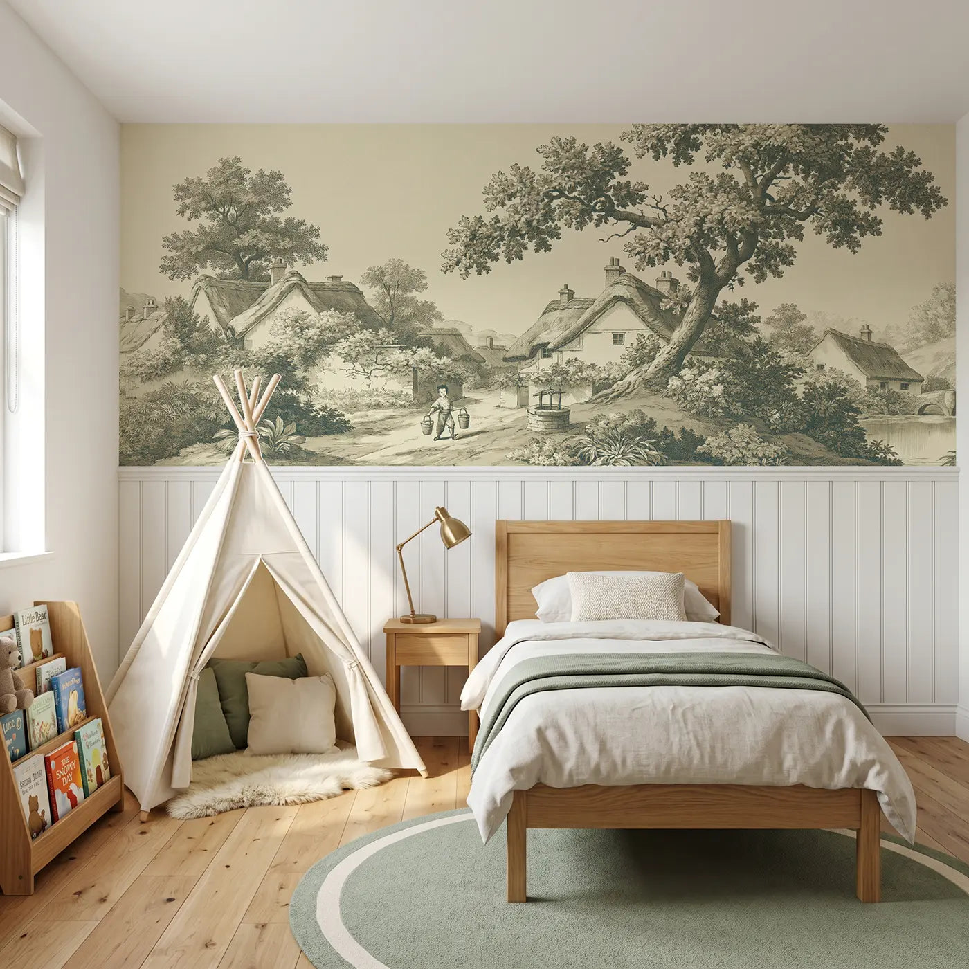 Botanical Elegance well water carrying sepia toile wainscoting wallpaper for bedroom by Whimsy Tots.