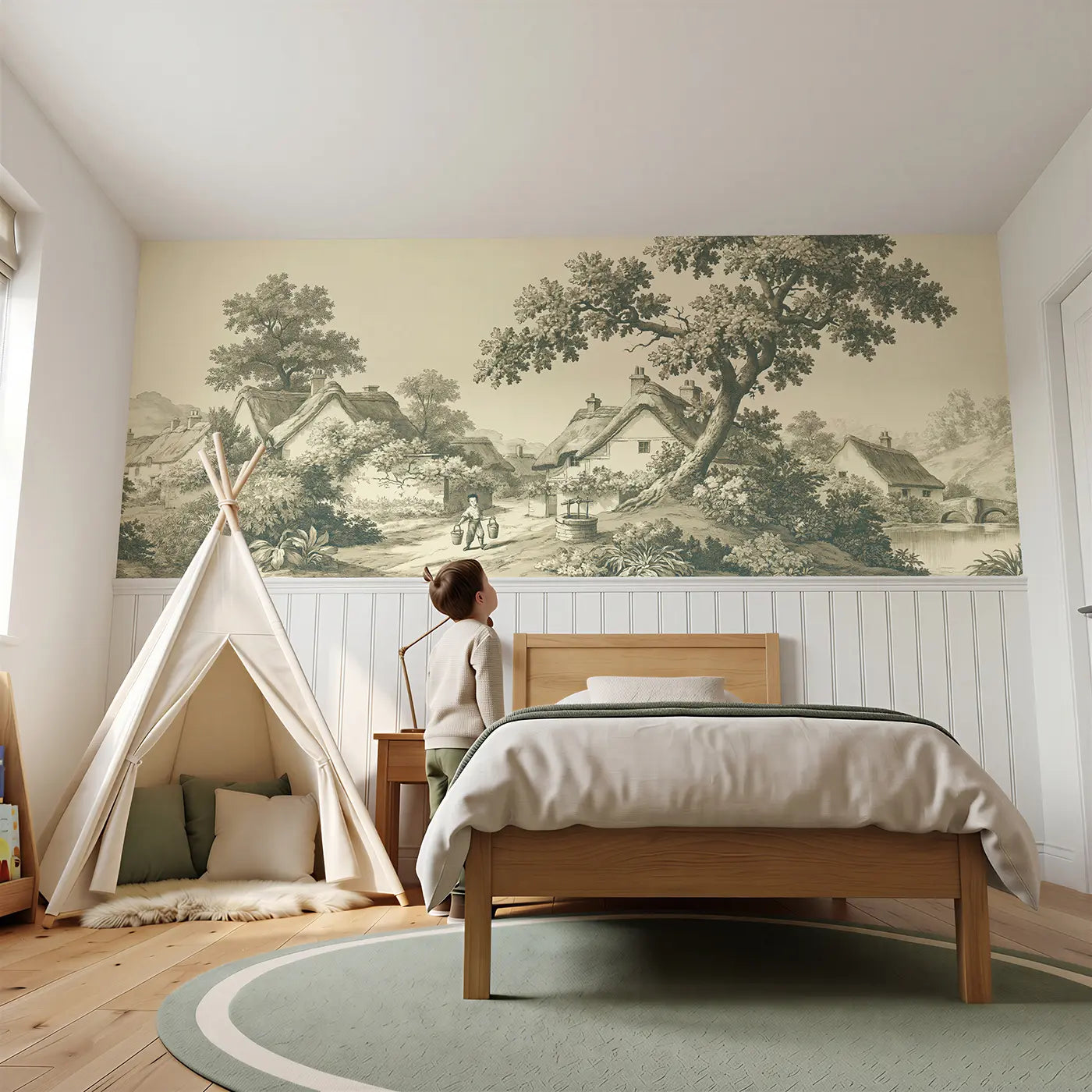 Child reading near Well Water Carrying Sepia Wainscoting Wallpaper by Whimsy Tots