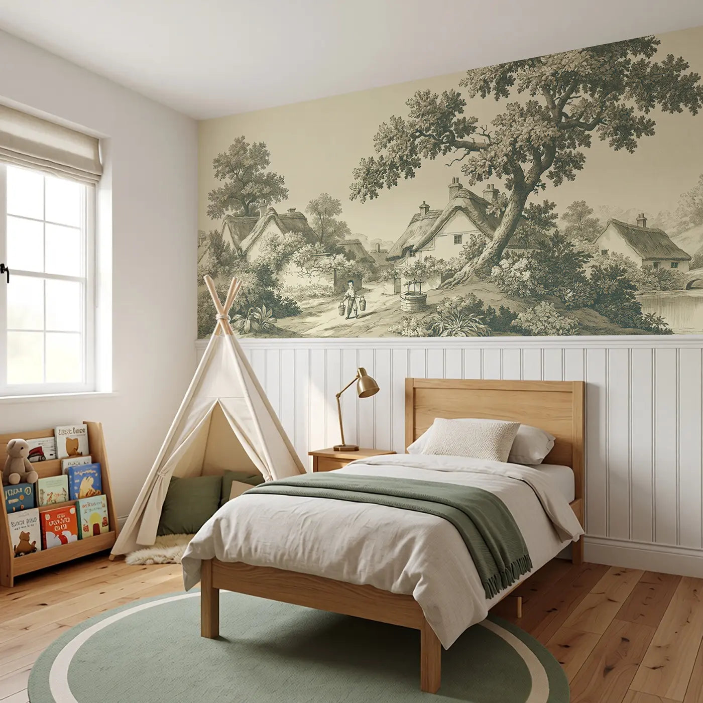 Well Water Carrying Sepia Wainscoting Wallpaper styled in a kids bedroom by Whimsy Tots