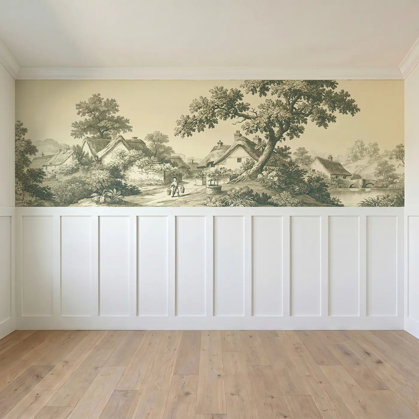 Full panel view of Well Water Carrying Sepia Wainscoting Wallpaper by Whimsy Tots