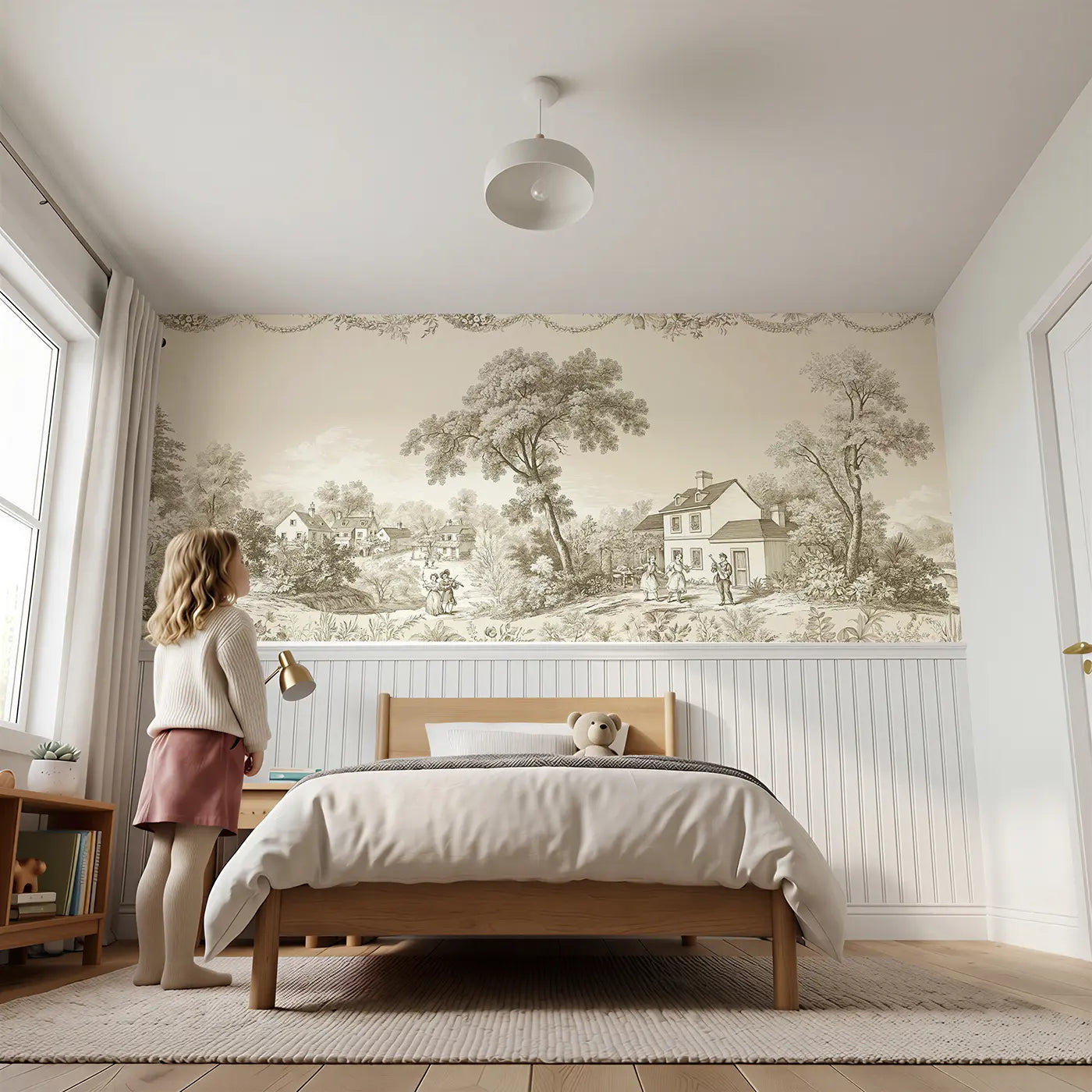 Child reading near Music Fiddle Dance Sepia Wainscoting Wallpaper by Whimsy Tots