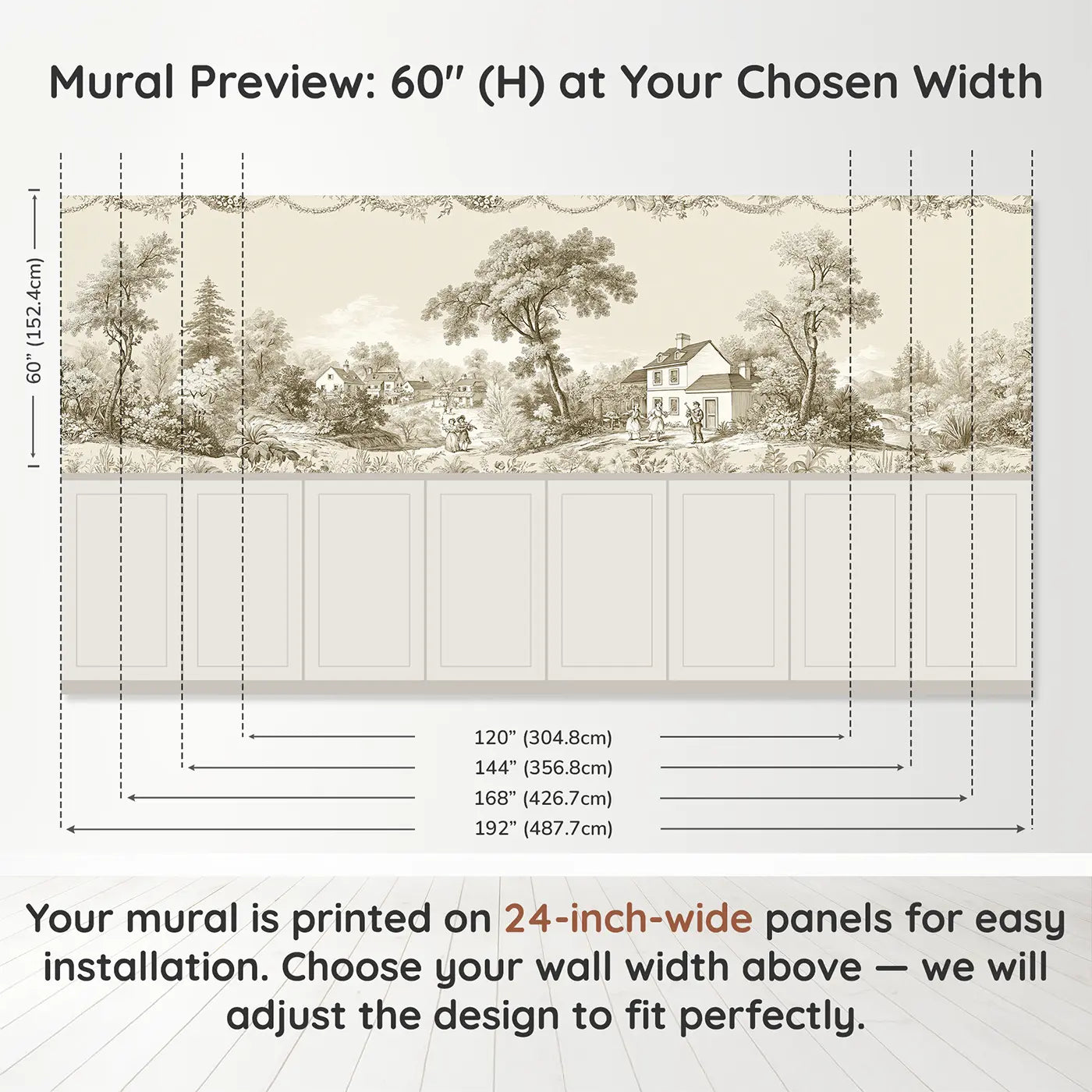 Panel dimensions for Music Fiddle Dance Sepia Wainscoting Wallpaper by Whimsy Tots