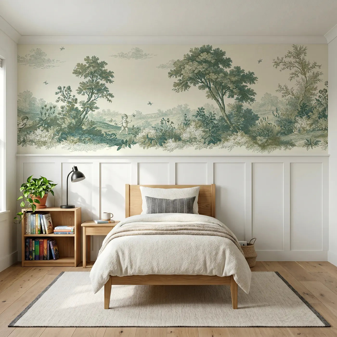Botanical Elegance children chase butterfly sepia toile wainscoting wallpaper by Whimsy Tots.