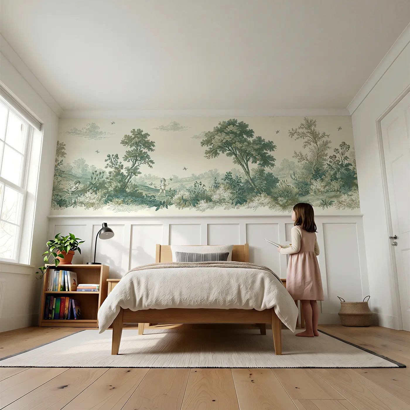 Child reading near Children Chase Butterfly Sepia Wainscoting Wallpaper by Whimsy Tots