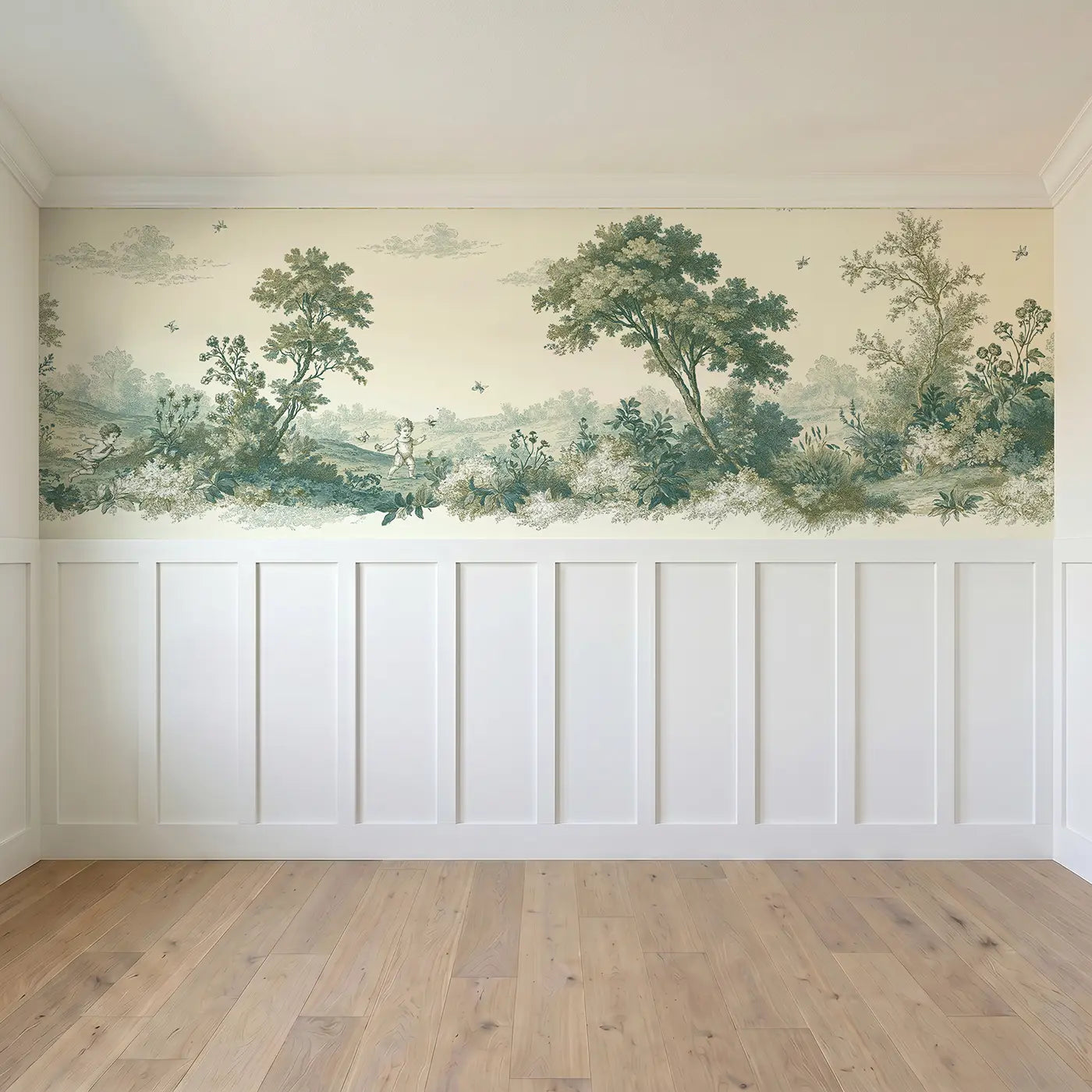 Full panel view of Children Chase Butterfly Sepia Wainscoting Wallpaper by Whimsy Tots