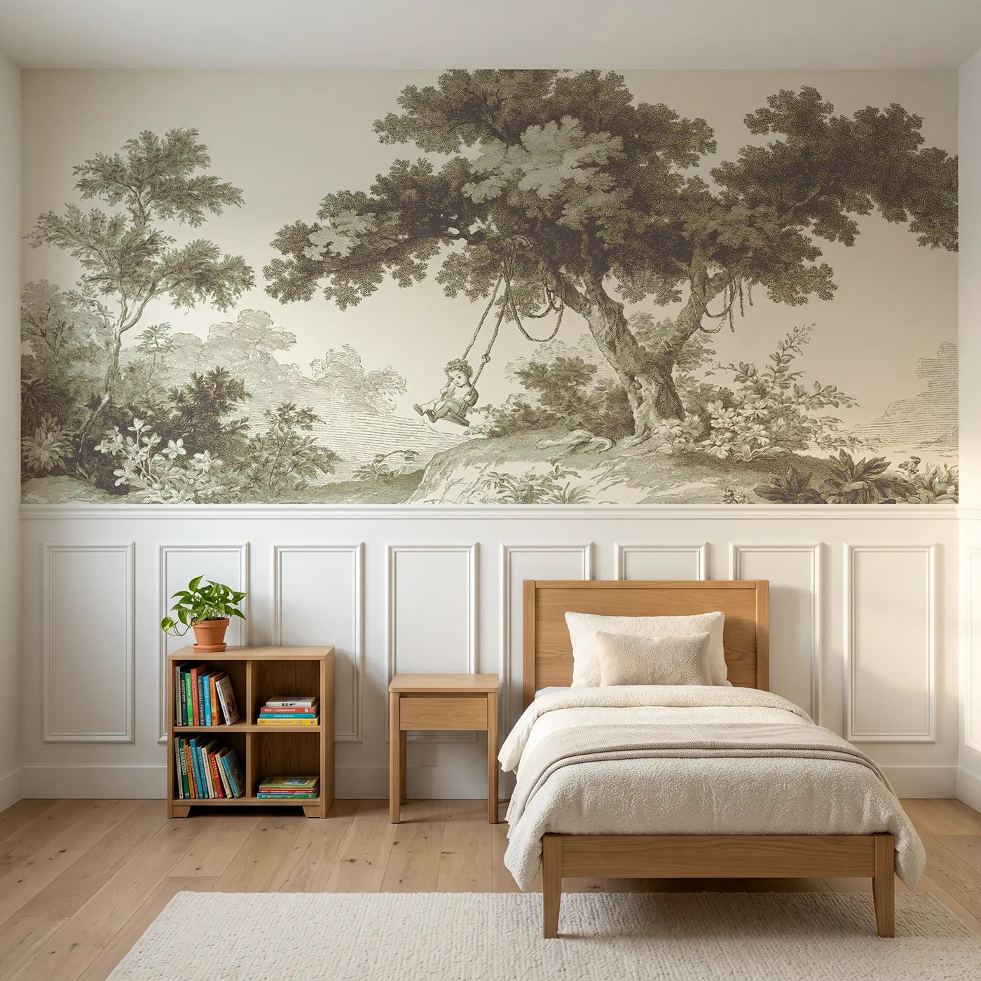 Botanical Elegance tree swing quiet sepia toile wainscoting wallpaper for bedroom by Whimsy Tots.