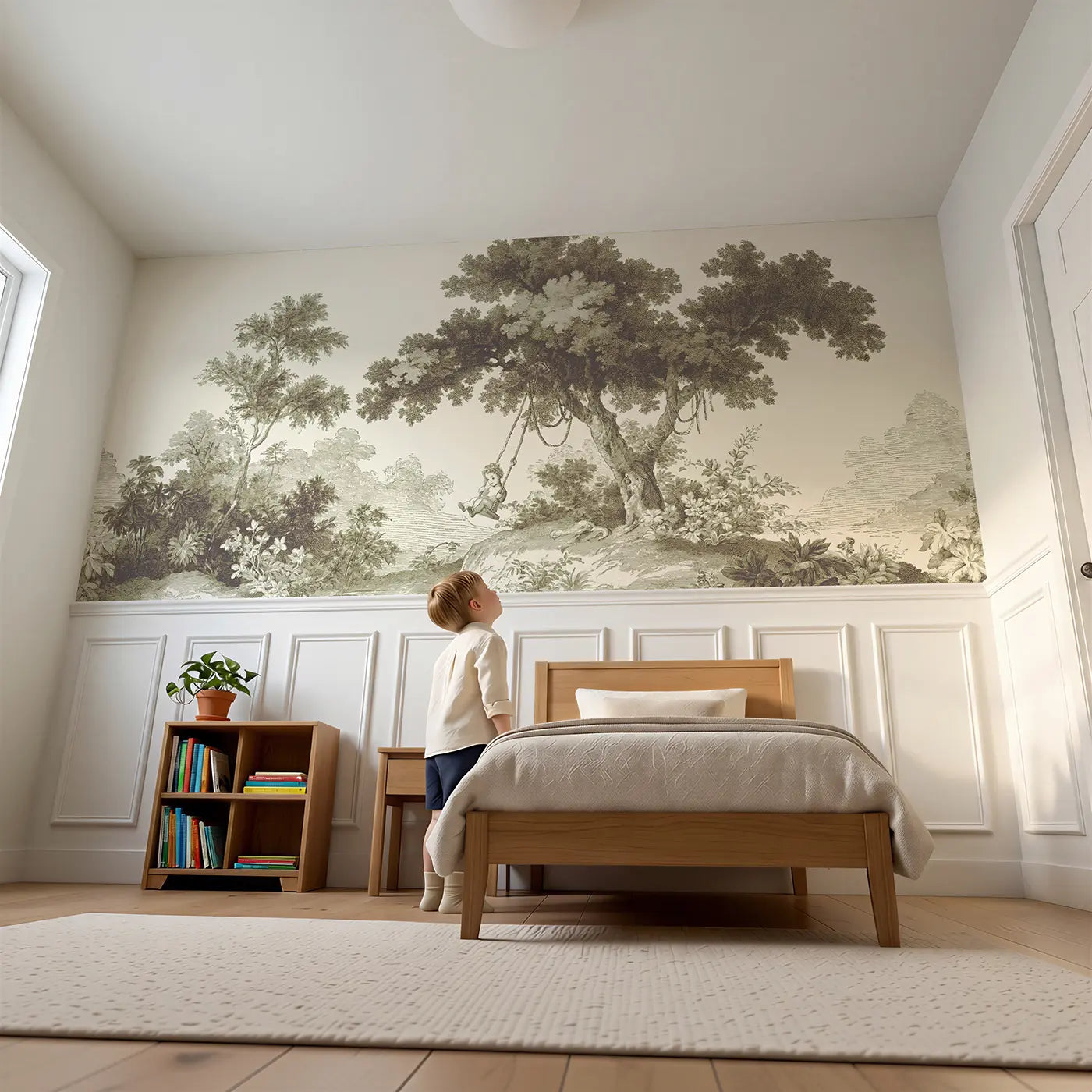 Child reading near Tree Swing Quiet Sepia Toile Wainscoting Wallpaper by Whimsy Tots