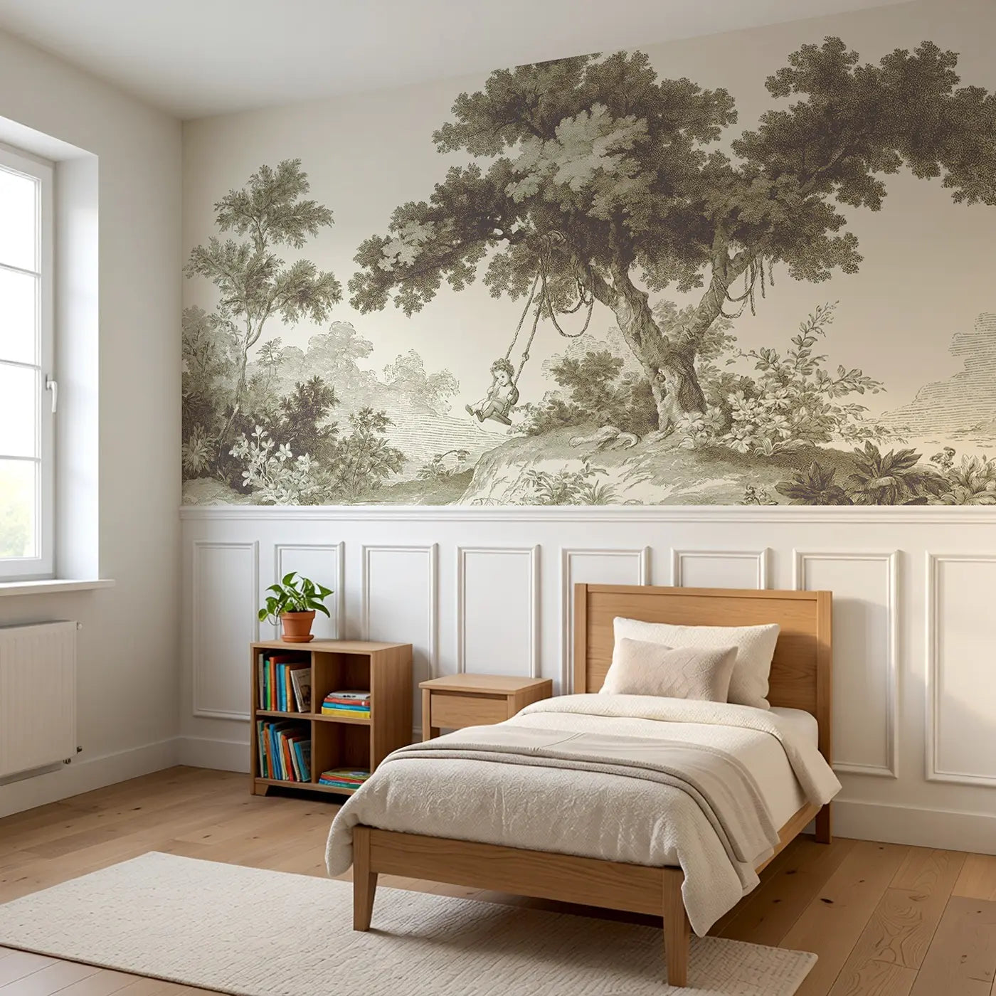Tree Swing Quiet Sepia Toile Wainscoting Wallpaper styled in a kids bedroom by Whimsy Tots