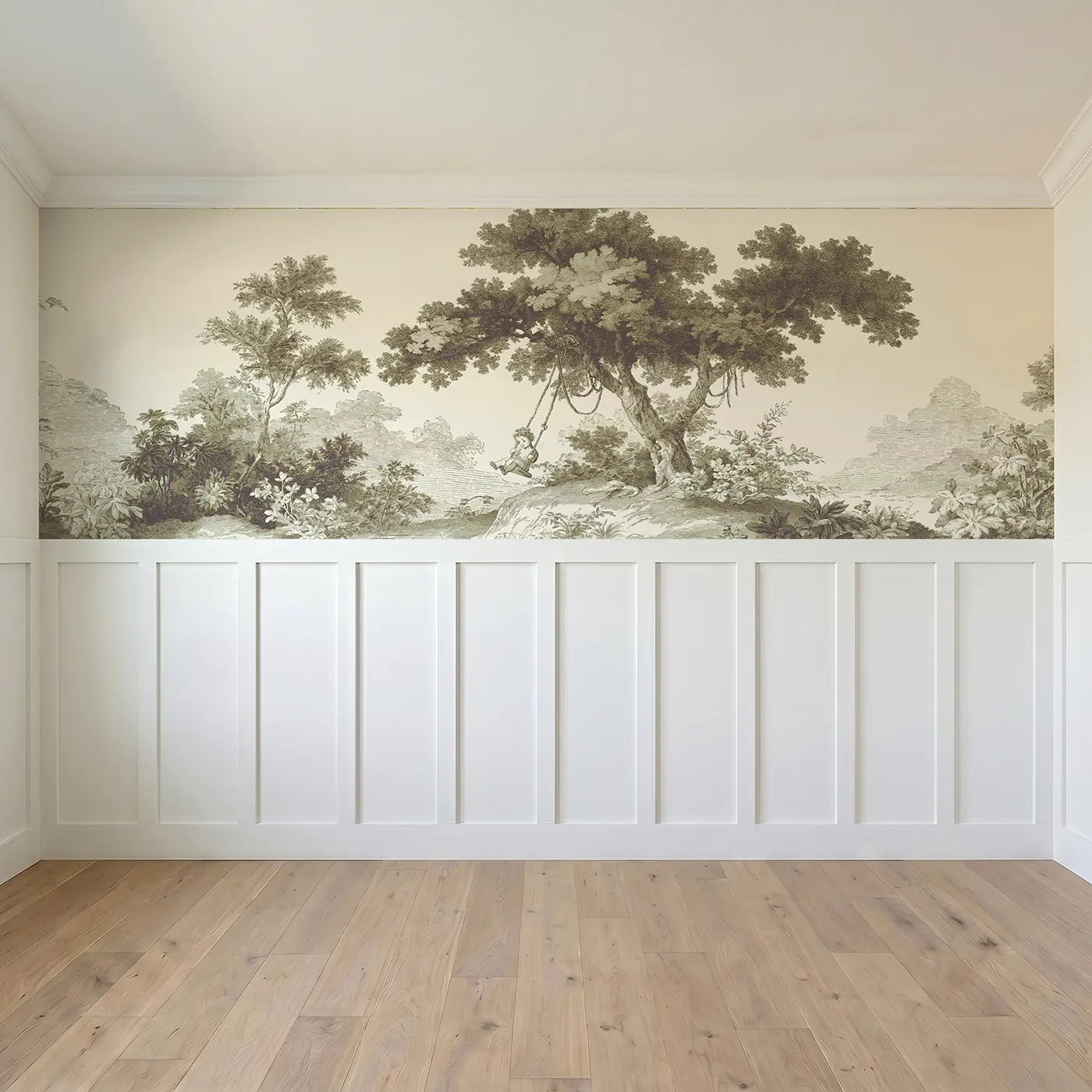 Full panel view of Tree Swing Quiet Sepia Toile Wainscoting Wallpaper by Whimsy Tots