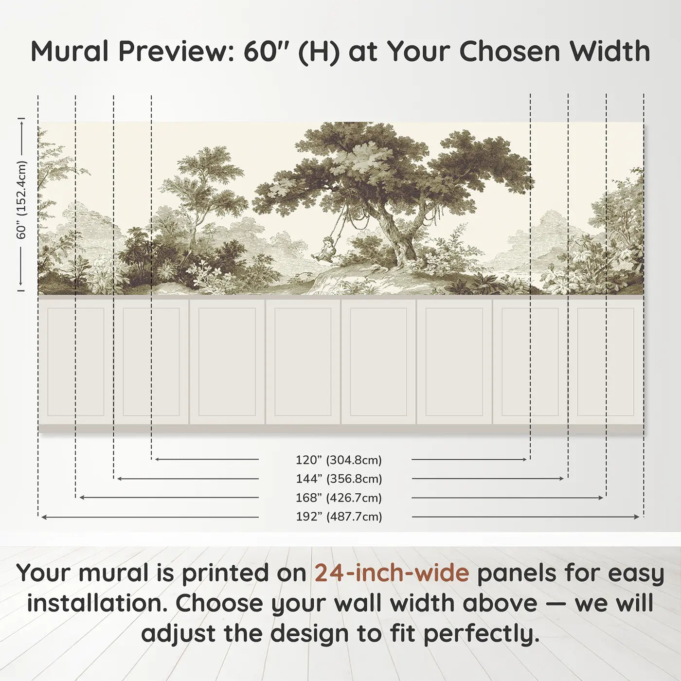Panel dimensions for Tree Swing Quiet Sepia Toile Wainscoting Wallpaper by Whimsy Tots