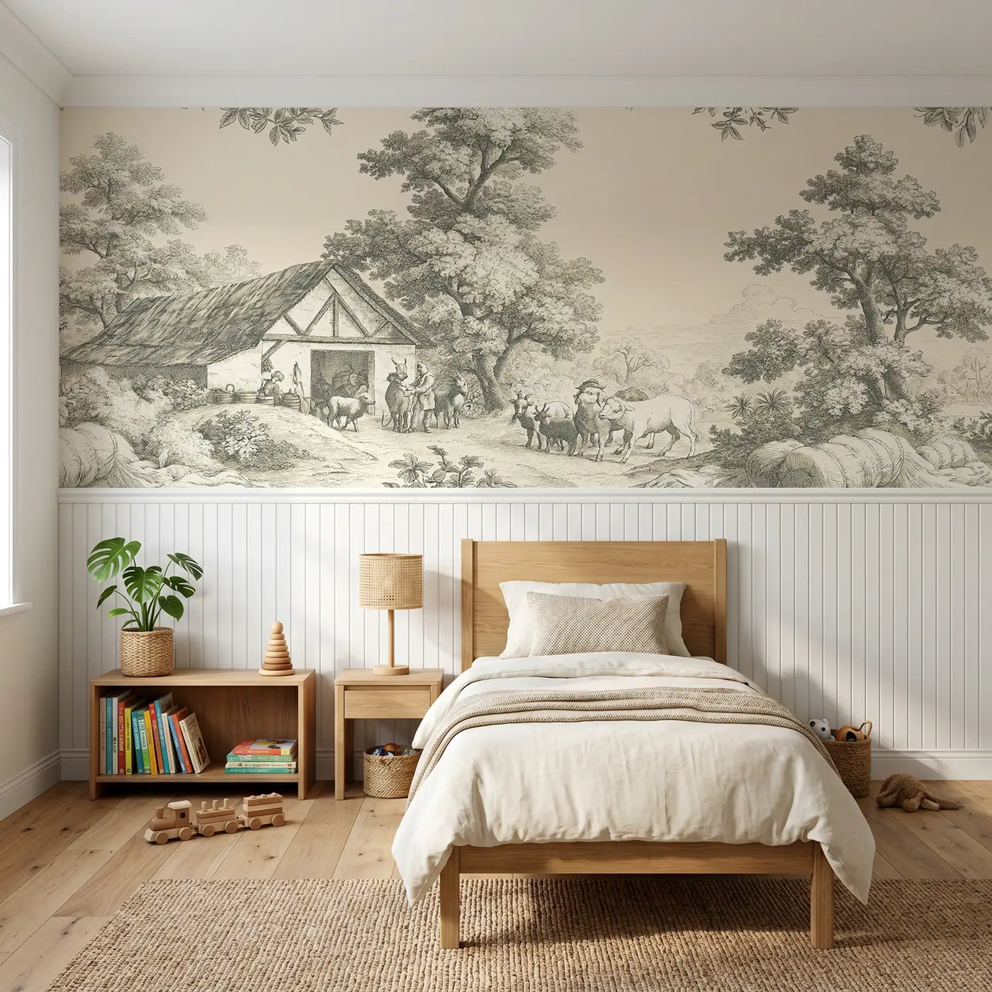 Botanical Elegance barn scene pastoral sepia toile wainscoting wallpaper for bedroom by Whimsy Tots.