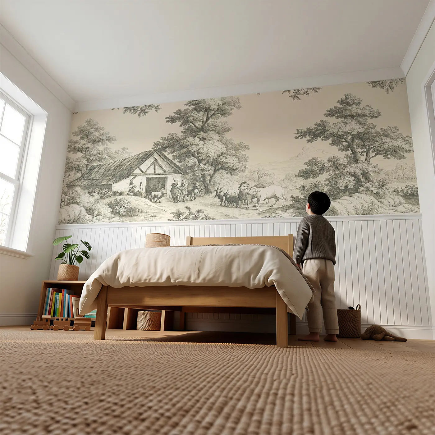 Child reading near Barn Scene Pastoral Sepia Wainscoting Wallpaper by Whimsy Tots