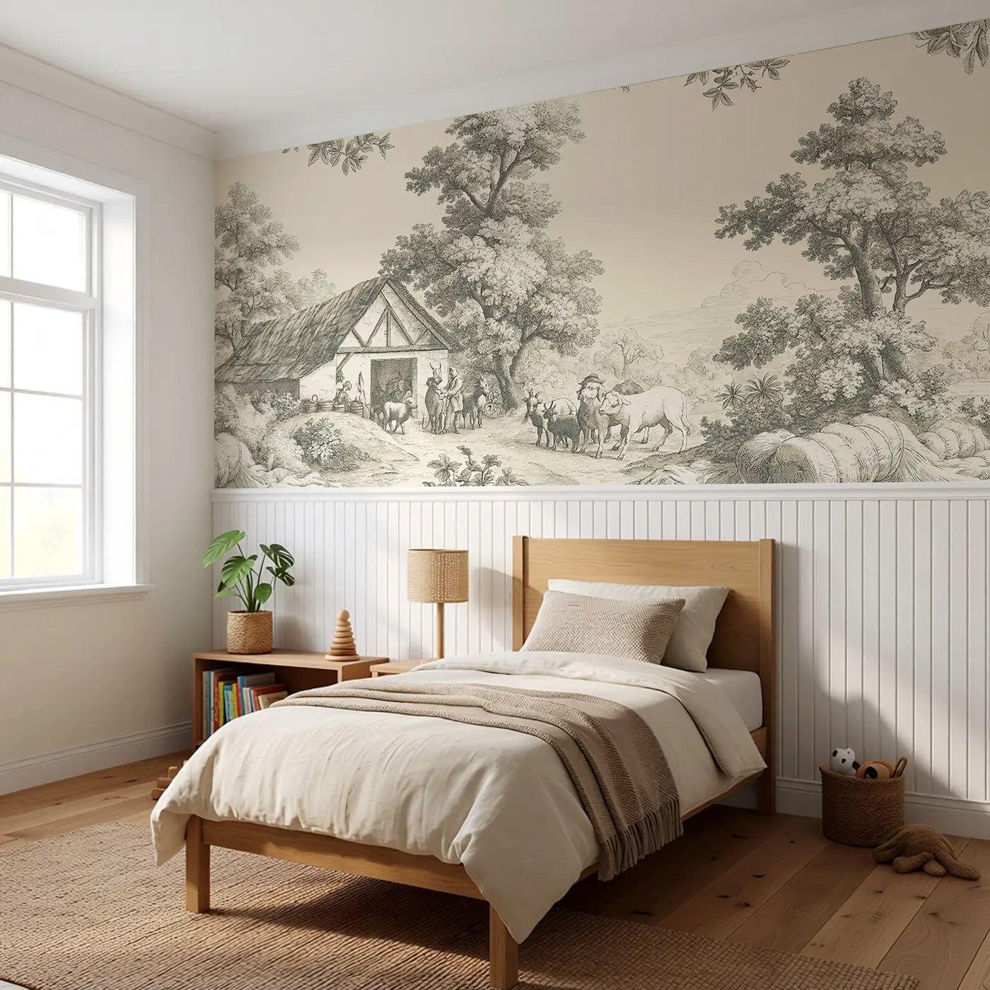 Barn Scene Pastoral Sepia Wainscoting Wallpaper styled in a kids bedroom by Whimsy Tots