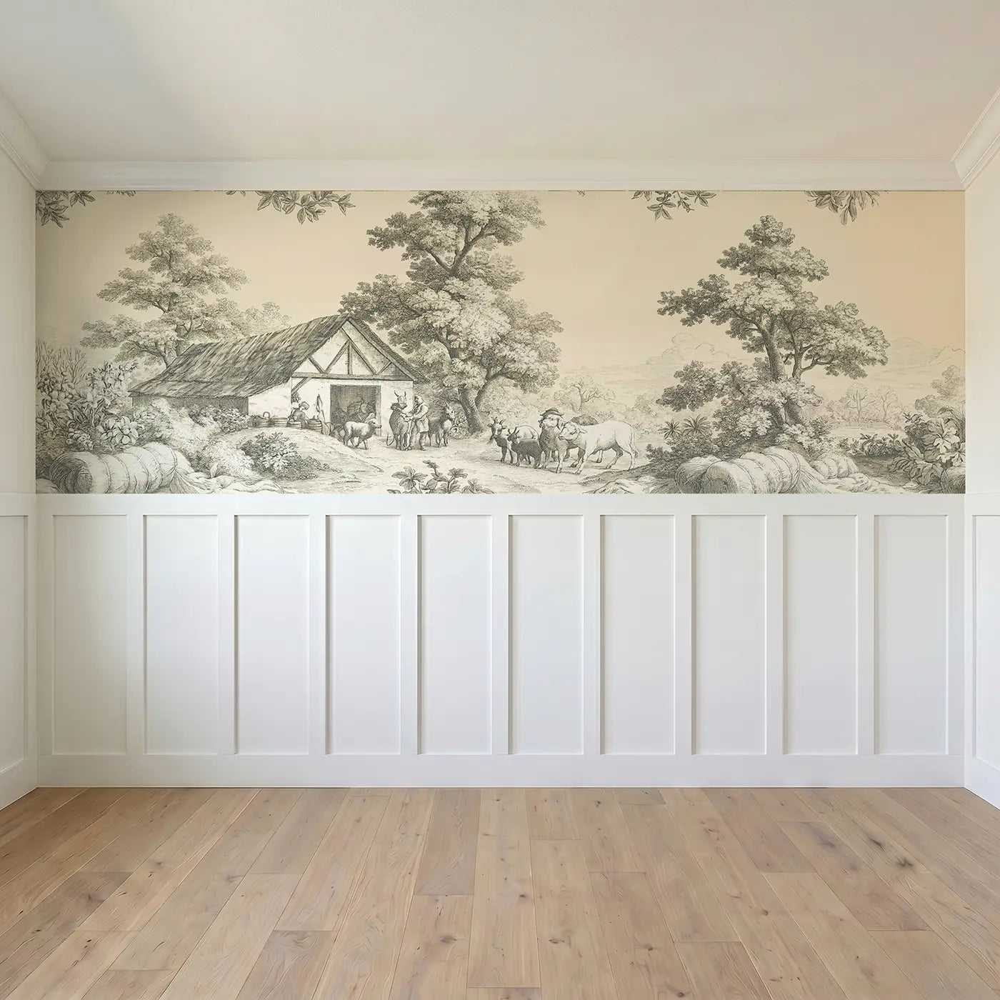 Full panel view of Barn Scene Pastoral Sepia Wainscoting Wallpaper by Whimsy Tots