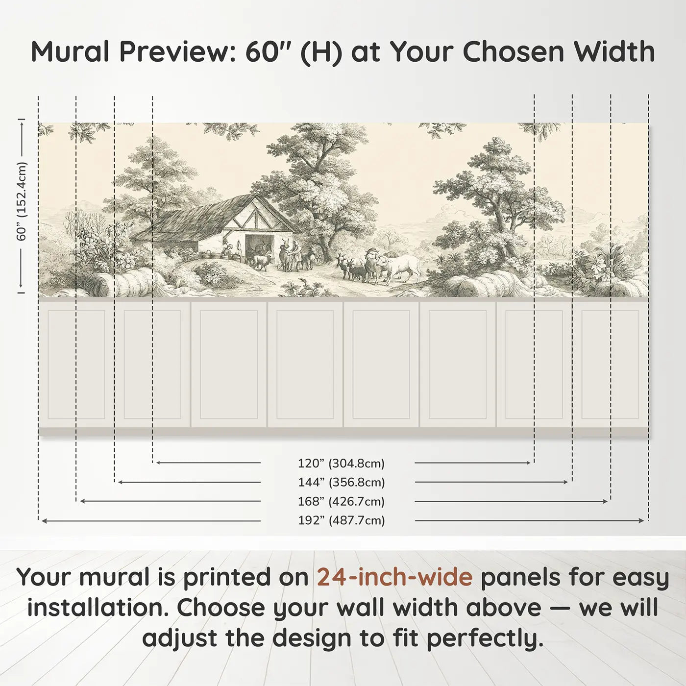 Panel dimensions for Barn Scene Pastoral Sepia Wainscoting Wallpaper by Whimsy Tots