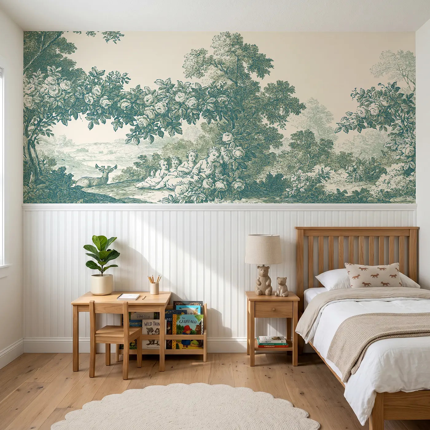 Botanical Elegance rose garden bower green toile wainscoting wallpaper for bedroom by Whimsy Tots.