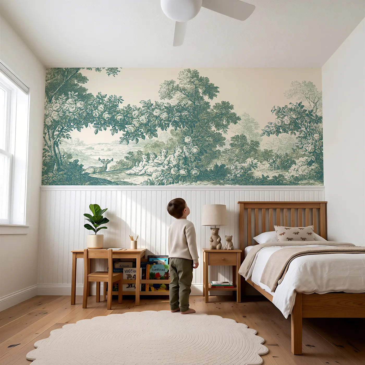 Child reading near Rose Garden Bower Green Toile Wainscoting Wallpaper by Whimsy Tots