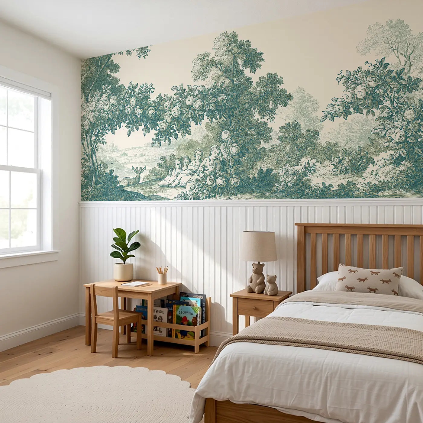 Rose Garden Bower Green Toile Wainscoting Wallpaper styled in a kids bedroom by Whimsy Tots