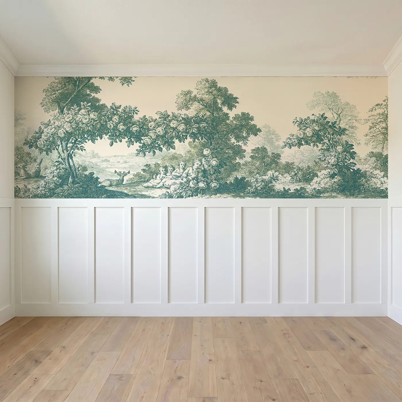 Full panel view of Rose Garden Bower Green Toile Wainscoting Wallpaper by Whimsy Tots