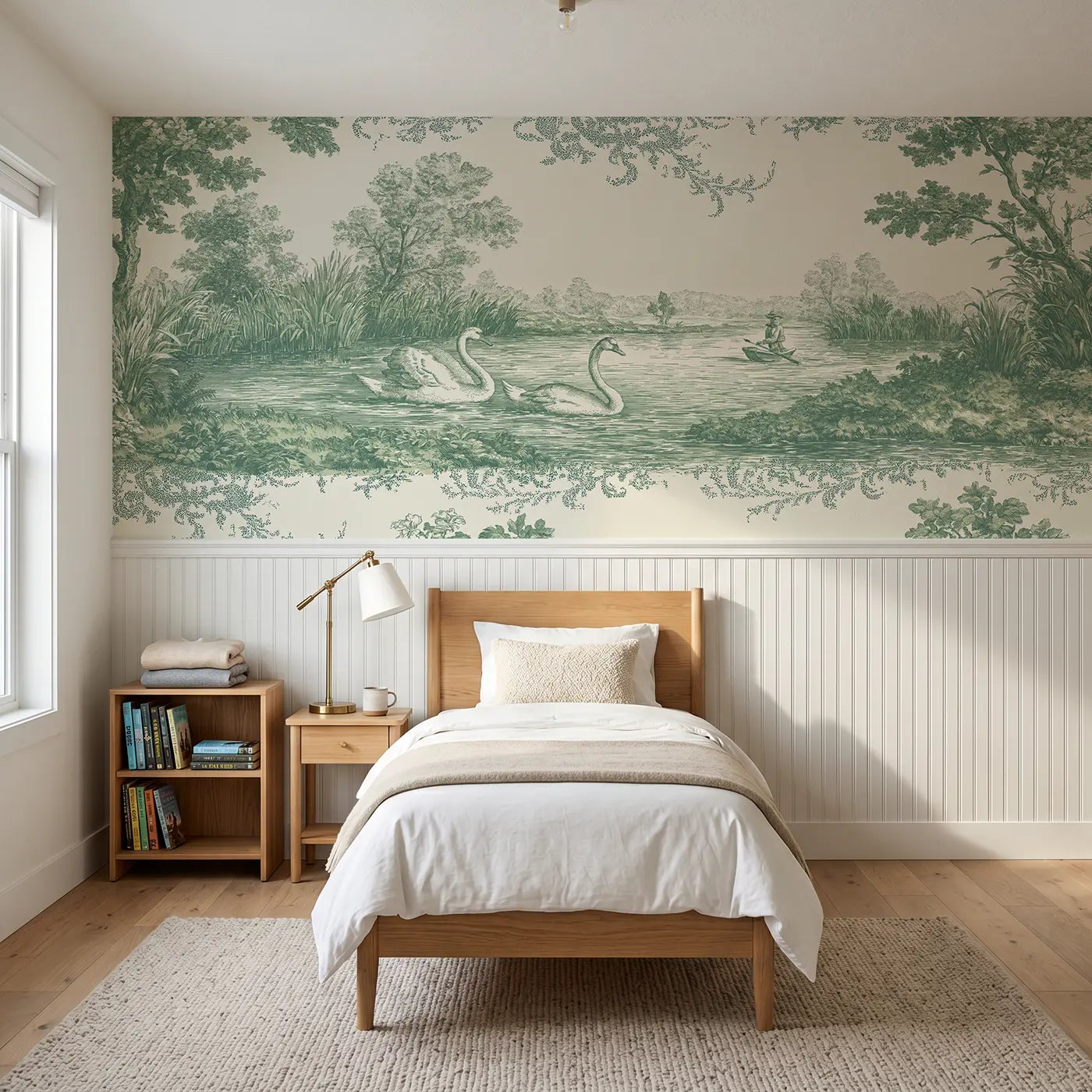 Botanical Elegance pond reed swans green toile wainscoting wallpaper for bedroom by Whimsy Tots.