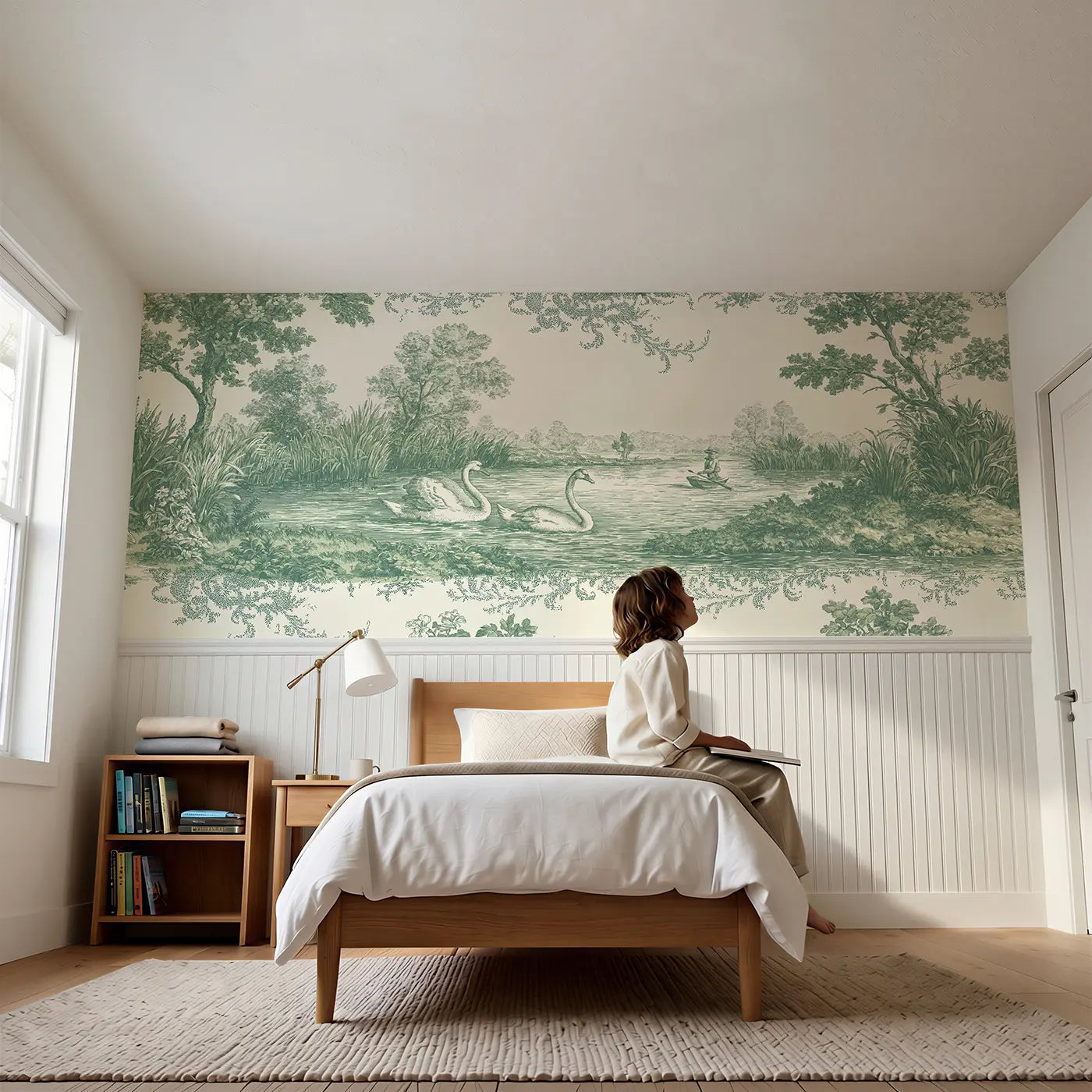 Child reading near Pond Reed Swans Green Toile Wainscoting Wallpaper by Whimsy Tots