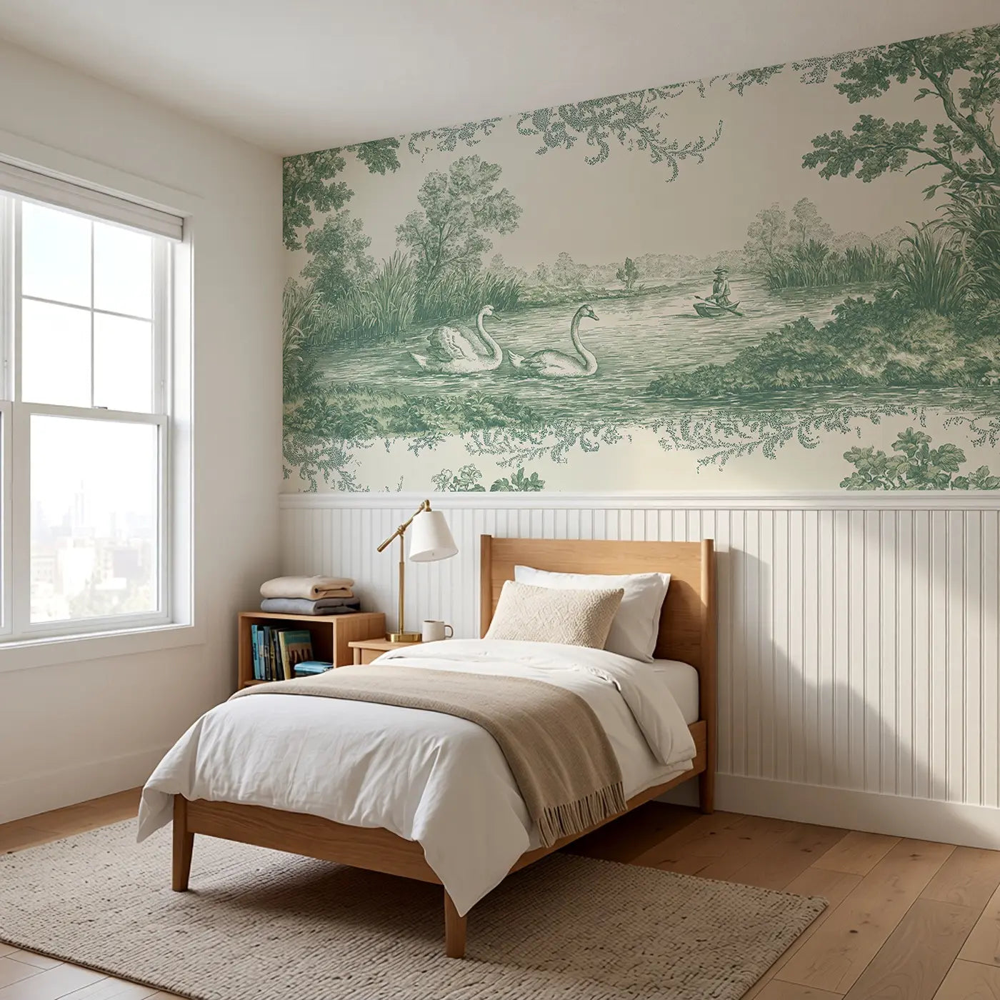 Pond Reed Swans Green Toile Wainscoting Wallpaper styled in a kids bedroom by Whimsy Tots